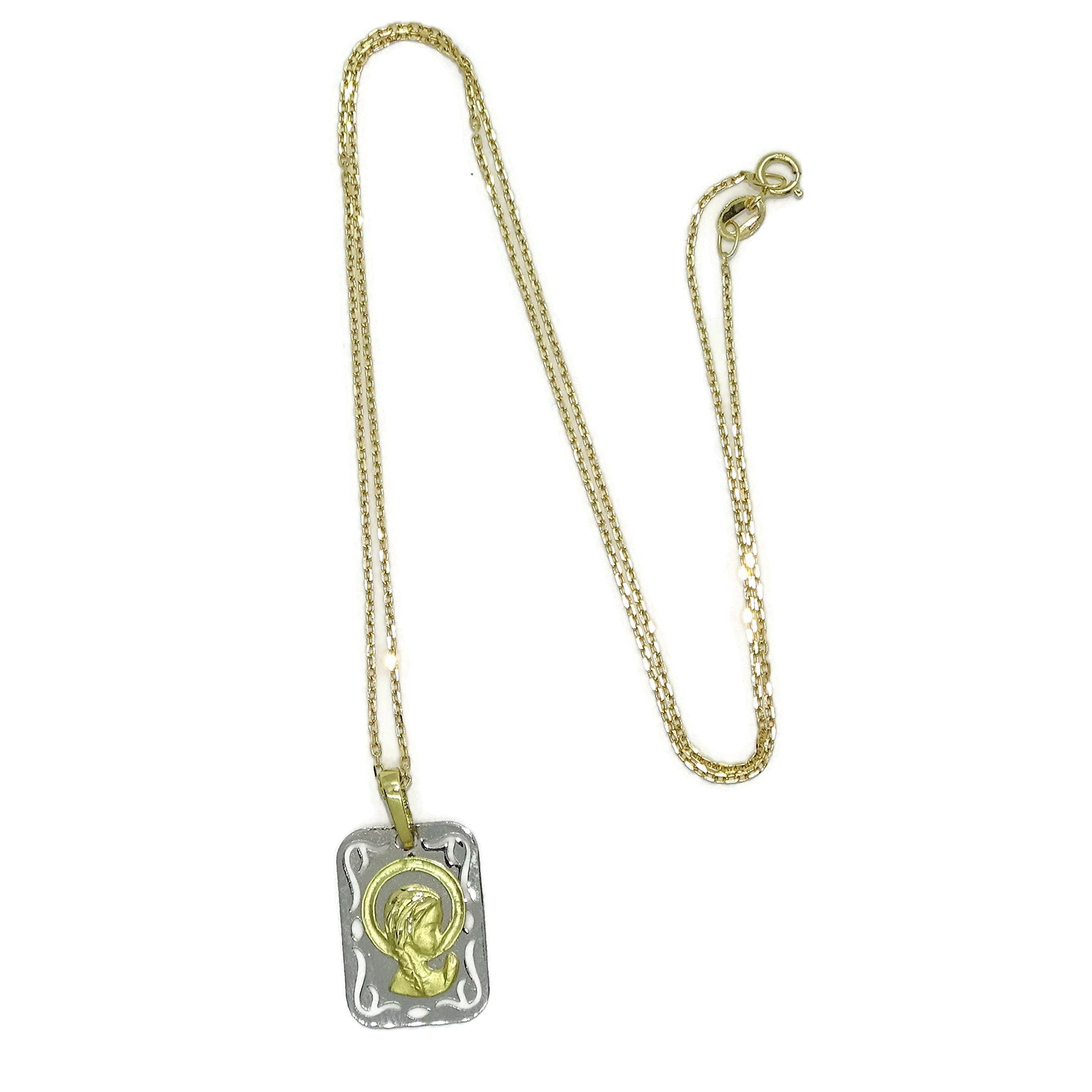 Naszyjnik i Medalion Maryja Panna Złoto 18K Kobieta | Wisiorek katolicki i włoski łańcuszek z ogniwami 45 cm | 3,15g Dwukolorowe złoto | Biżuteria | Religijny Prezent Chrzest Komunia Dziewczyna |