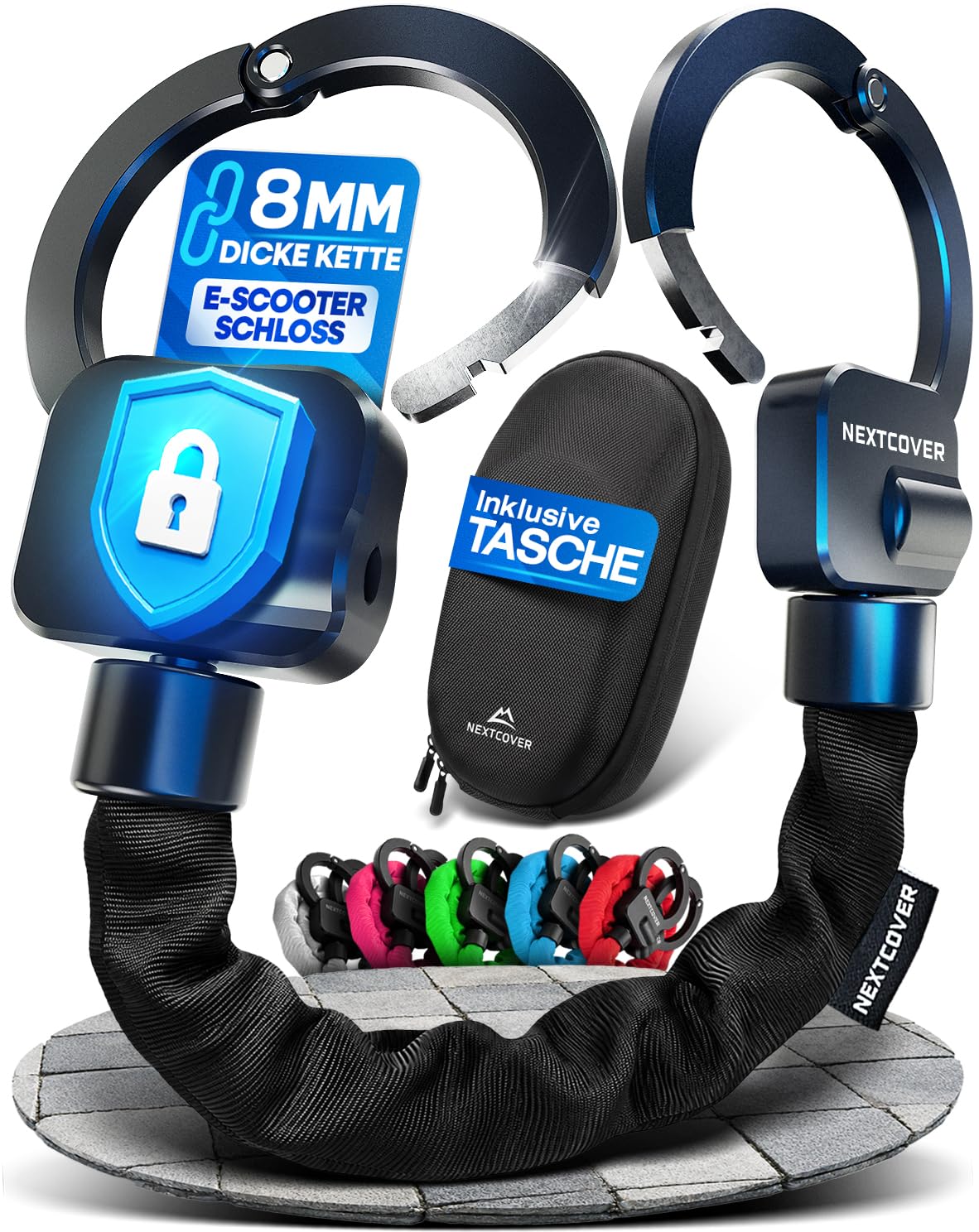 NEXTCOVER® Candado para patinete eléctrico con funda [tecnología Steel-Secure] | cierre de esposas incluye bolsa de transporte para scooter, eBike | Candado robusto, candado de cadena | accesorios