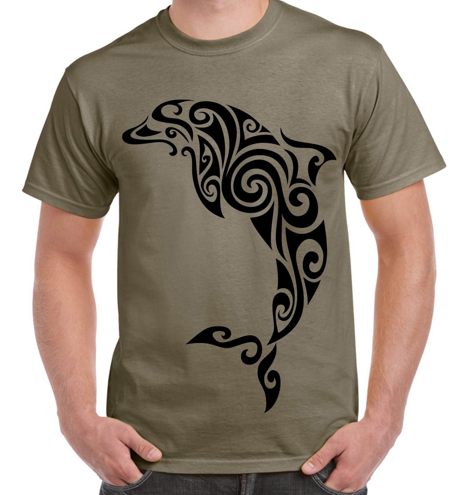 Tribal Dolphin Tattoo Large Print Men's T-Shirt (Medium, Khaki)