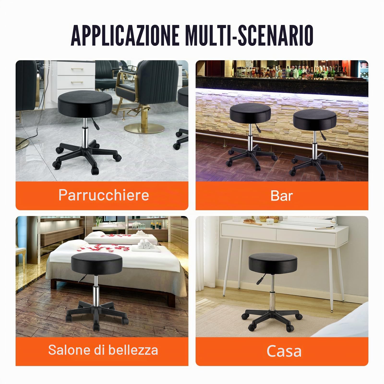 VEVOR Sgabello Rotondo Altezza Regolabile 460-605 mm Senza Schiena Capacità Carico Max. 181kg per Ufficio Salone Studio Parruccheria, Sedia a Rotella da Lavoro Girevole 500 x 500 x 460 mm per Ufficio