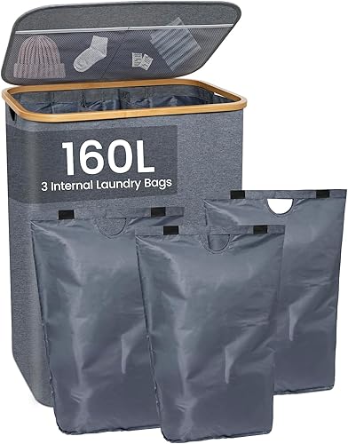Cesta de lavandería extra grande de 160 litros con tapa, cesta de lavandería con mango de bambú y 3 bolsas interiores extraíbles, para dormitorio,