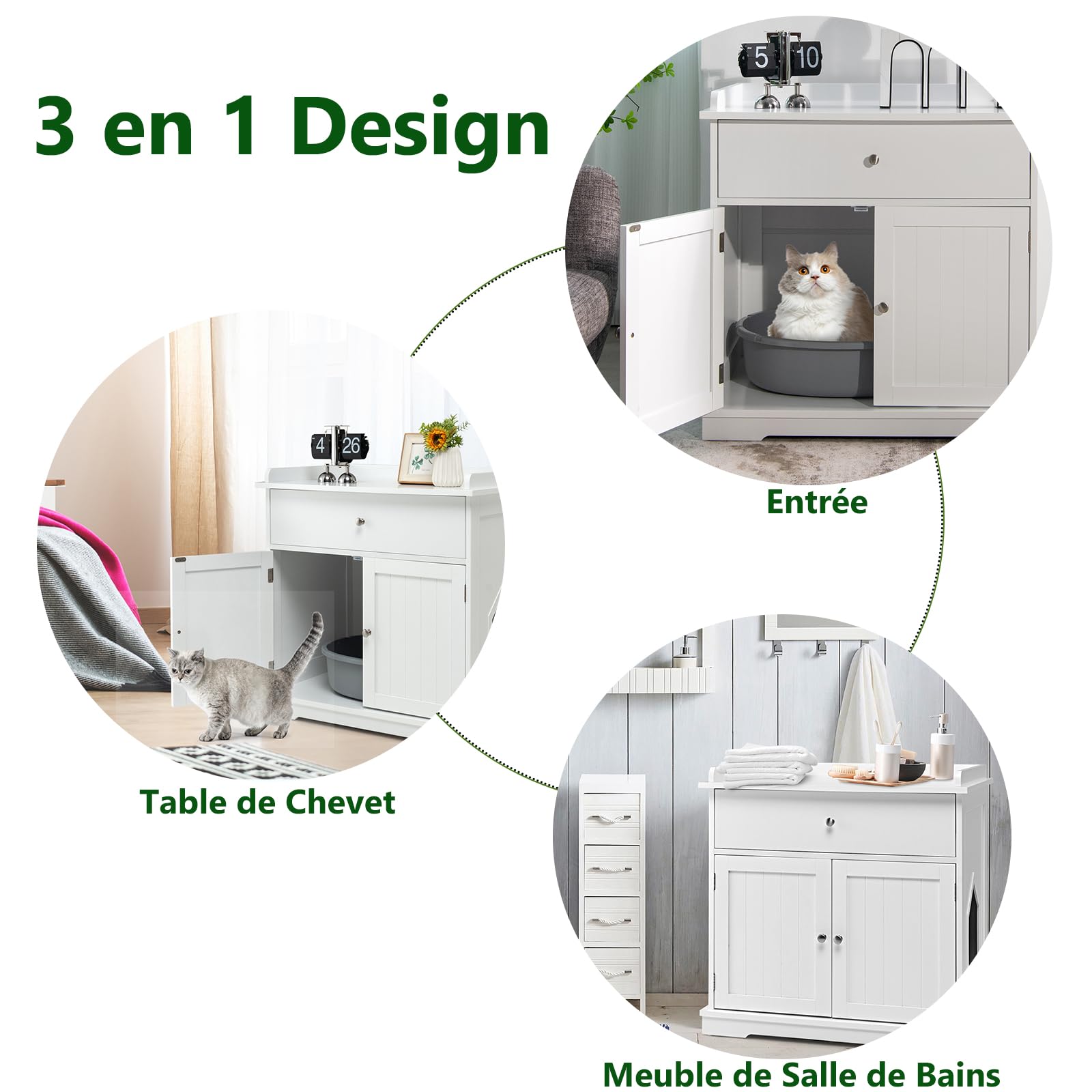 SOARS Mobile Lettiera per Gatti con 2 Ante e Cassetto, Armadio per Gatto in Legno con Ingresso Laterale, Grotta Rifugio Multiuso per Soggiorno, Camera da Letto e Ingresso, 76 x 53 x 74 cm (Bianco)