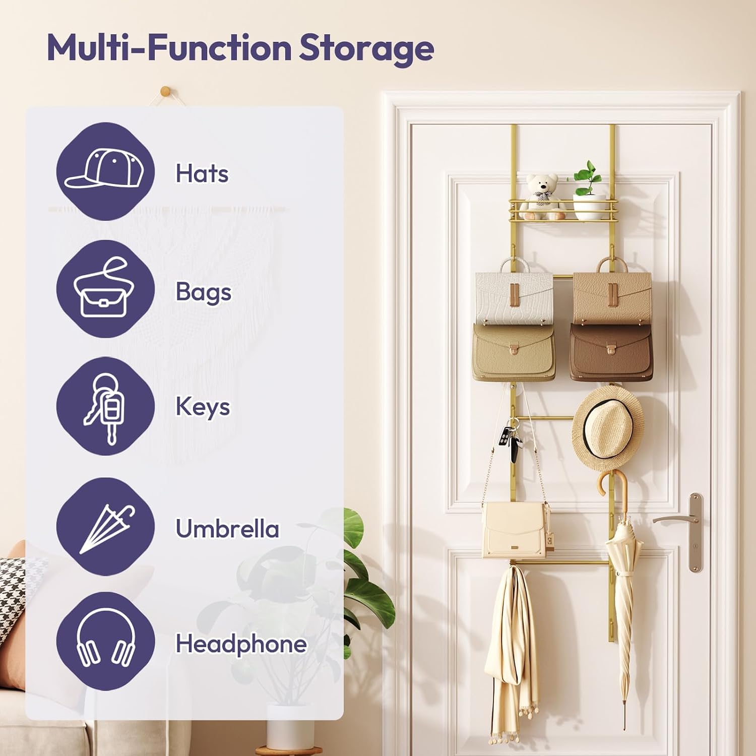 SWTYMIKI Over the Door Purse Organizer - Wall Mounted Handbag Organizer with 16 Hooks and Metal Basket, Hanging Purse Storage Rack Holds up to 16 Bags, Bag Rack Can Use As 1/2 Part, for Door, Closet image 2