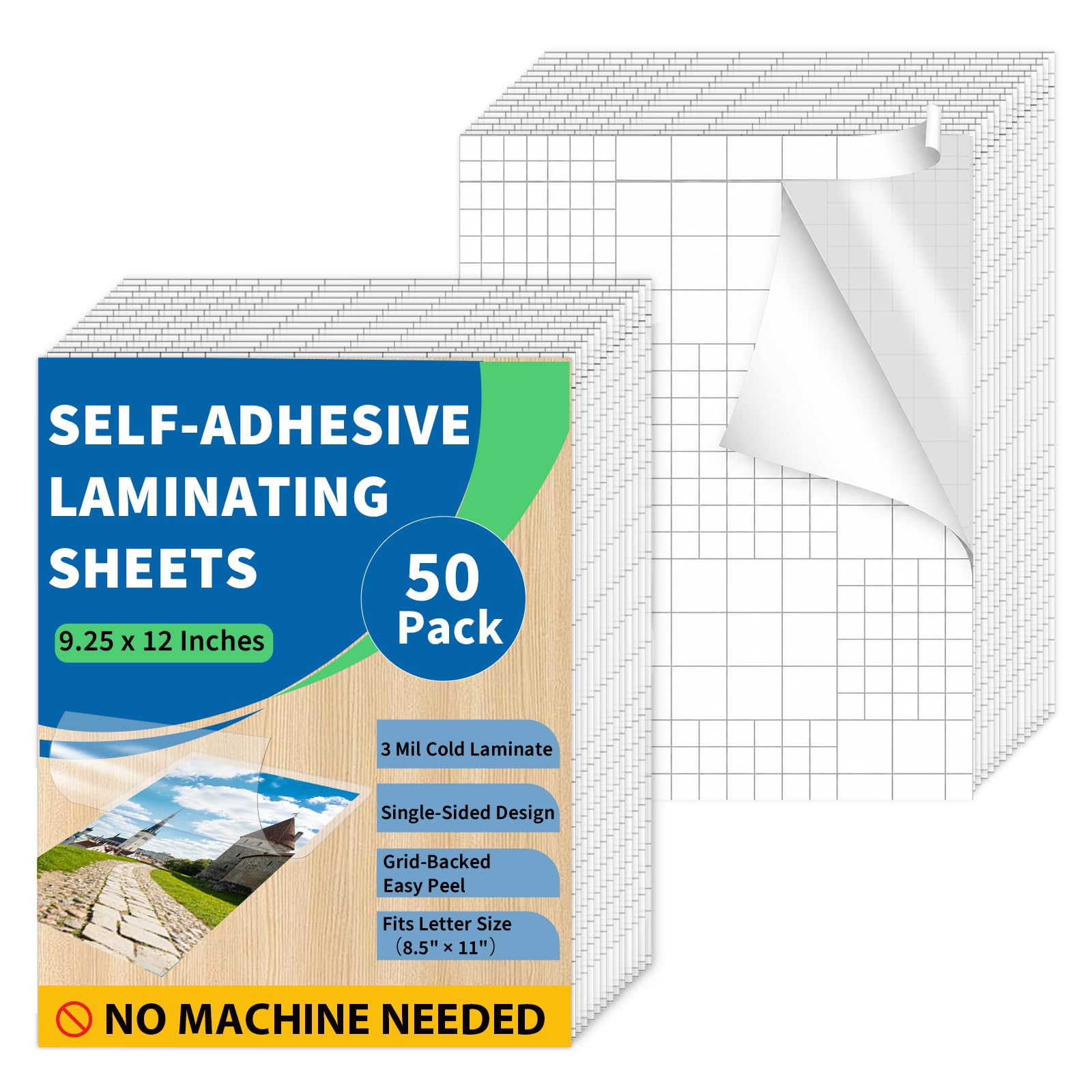 Binditek 50 Pack Self-Adhesive Laminating Sheets, 9.25 x 12 Inches for Letter Size, Easy Peel Backing with Grid Lines, 3 Mil Thick, No Heat or Machine Needed, Clear Glossy Finish