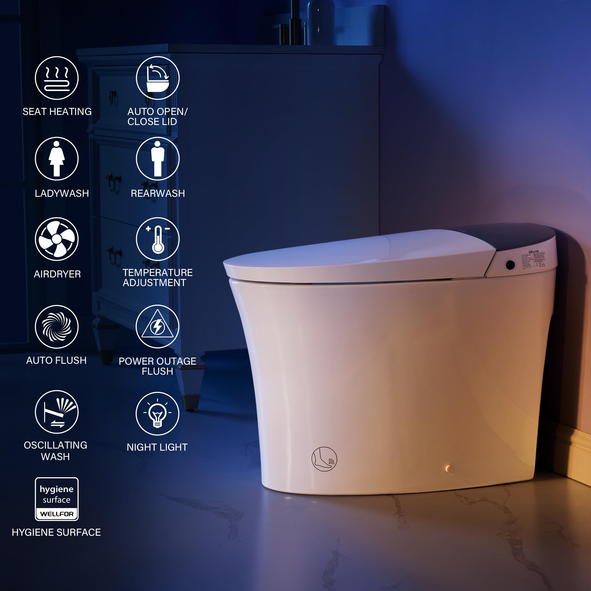 WELLFOR Smart Bidet Toilet with Built-in Tank 1 6 GPF Auto Flush Smart Toilet Heated seat Foot Touch — view 13