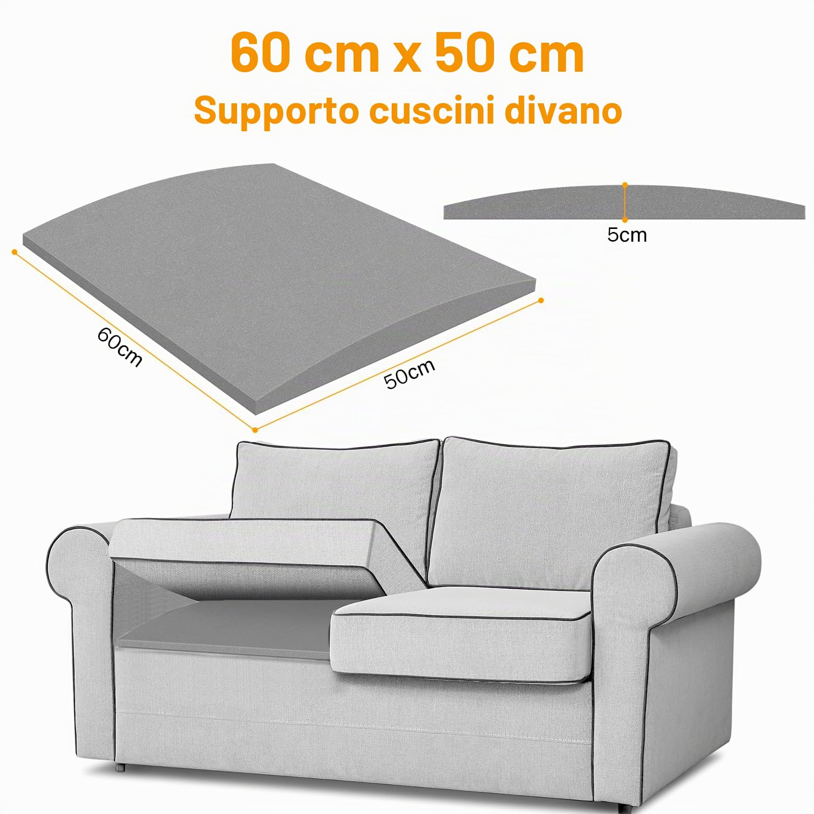 Cuscino di supporto per divano per sedile cedente, pannelli di supporto per divani, schiuma ad alta densità, 60 x 50 cm, riparazione per mobili sotto il cuscino, 2 pezzi