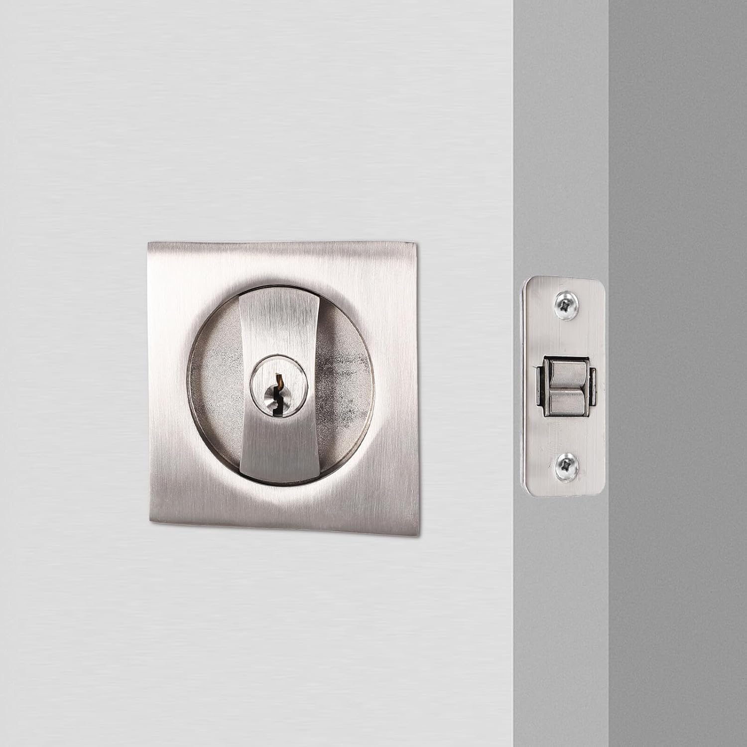 Modern Privacy Pocket Door Lock Hardware with Key Thin Embedded Design Corrosion-Resistant Coating Easy Installation Fits Standard Door Thickness for Bedroom and Bathroom Security