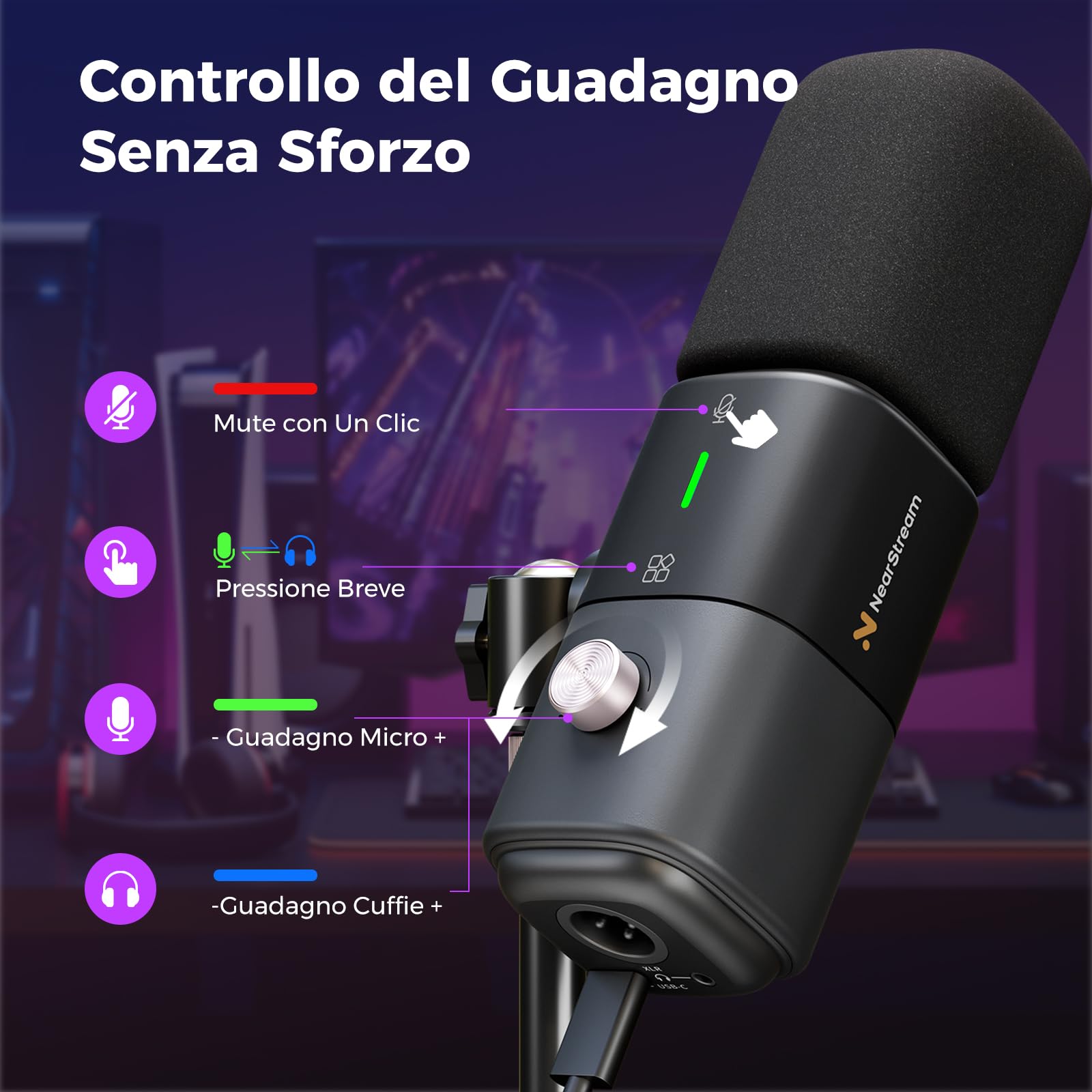 NearStream AM25X Gen3 Microfono Podcast USB/XLR per PC/Mixer Audio | Microfono Condensatore per Streaming/Podcast con Supporto, USB-C, Riduzione Rumore, Volume, Jack Cuffie, Mute,XLR Mixer Audio