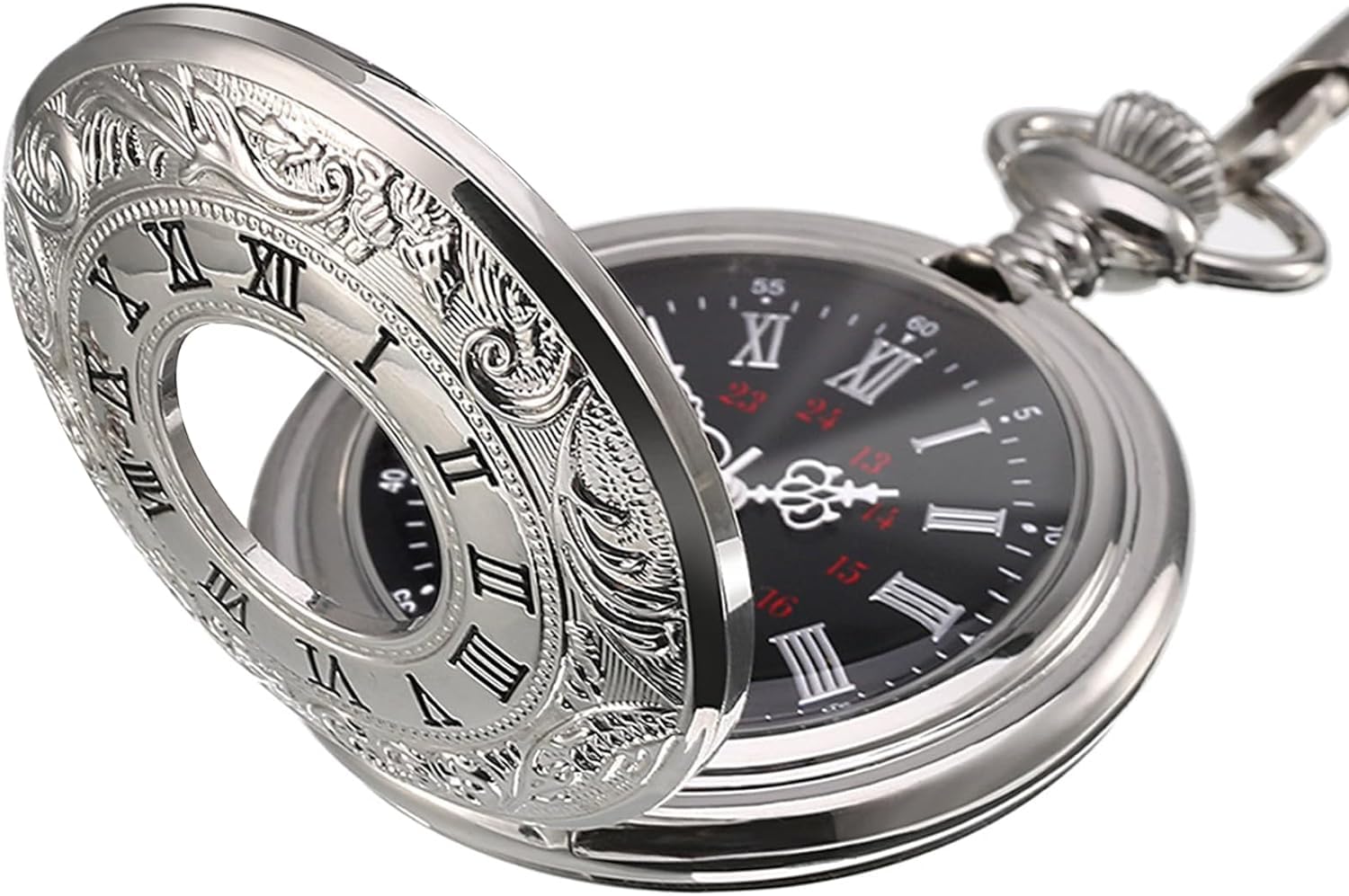 TazweeqVintage Steel Pocket Watch for Men with Detachable Chain (Silver), Easy Open Design, Quartz Movement, Adjustable Time Setting, Compact Size, Ideal Gift for Weddings, Cosplay