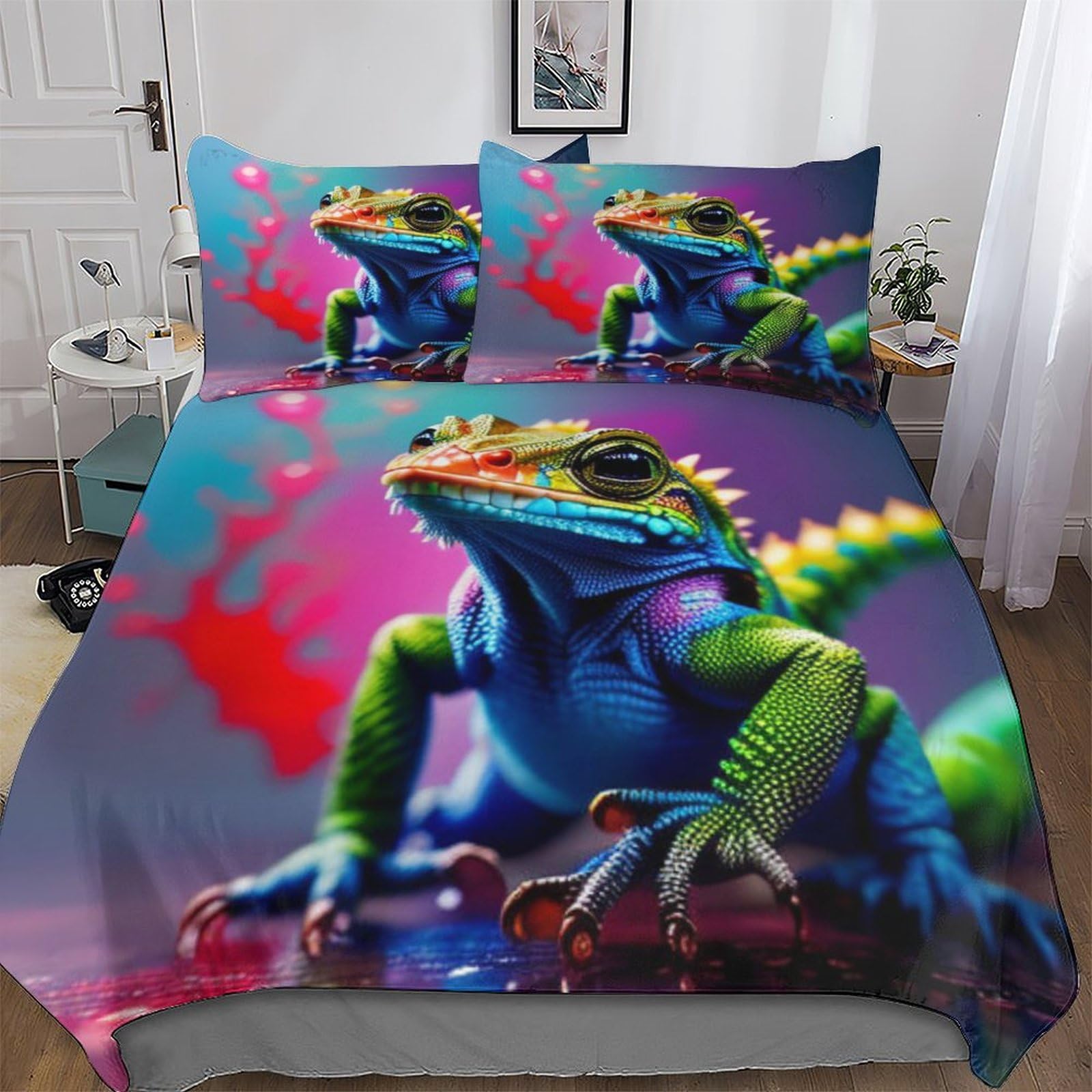 Parure de lit king 220x240 housse de couette 3 pièces coton microfibre imprimé caméléon enfant