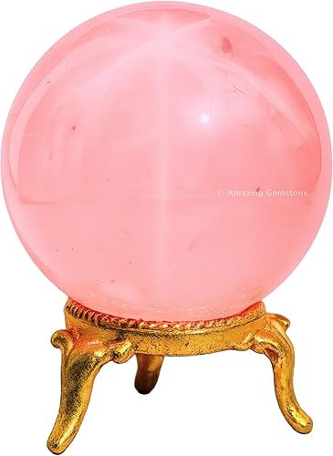 Amazing Gemstone - Bola de cristal de cuarzo rosa en forma de estrella con soporte - Esfera de cristal de 2 pulgadas, bolas de meditación para