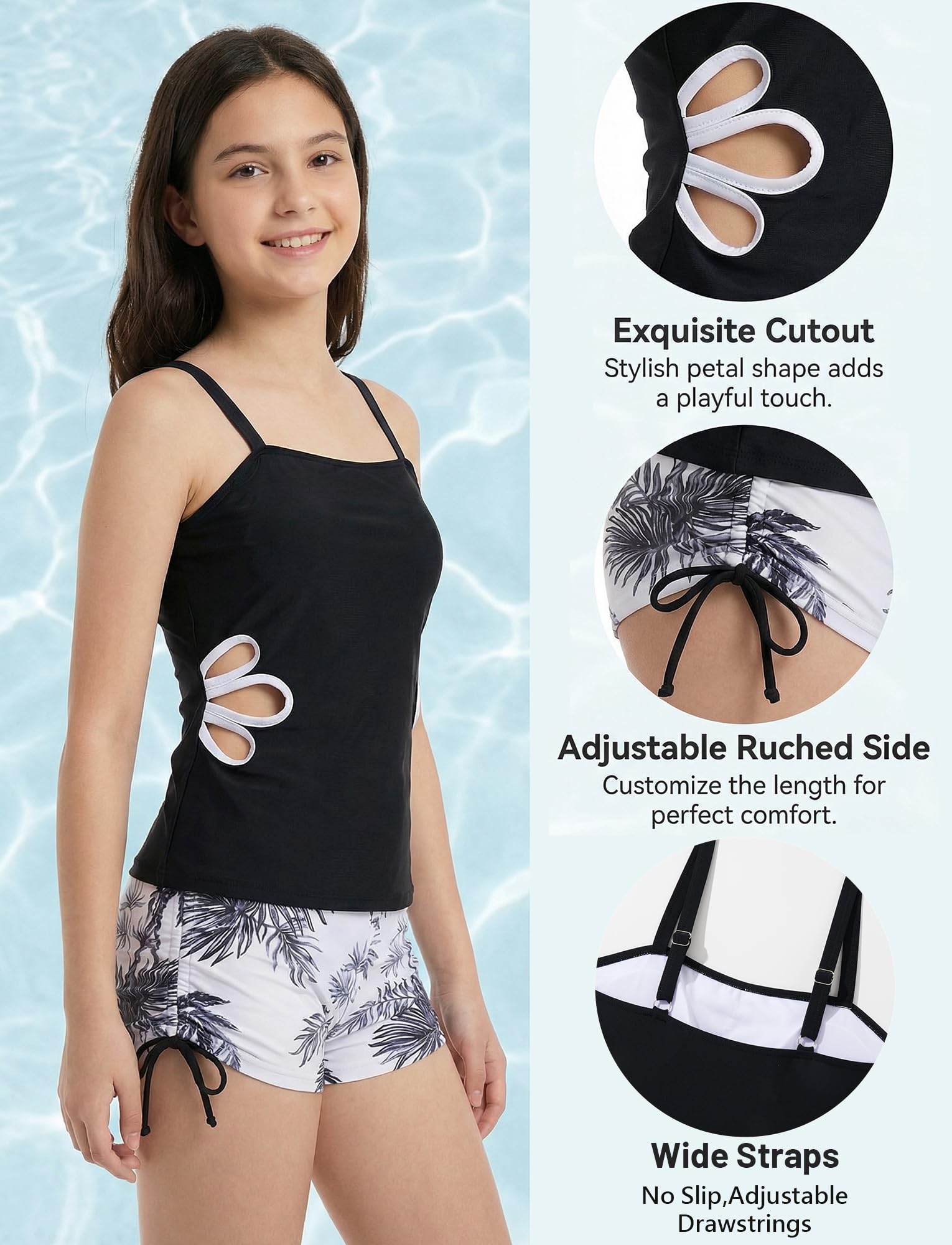 SEAUR Traje de baño tankini de 2 piezas para niñas, recortado, floral, traje de baño para niñas, traje de baño acolchado con pantalones cortos, verano 9-16 años
