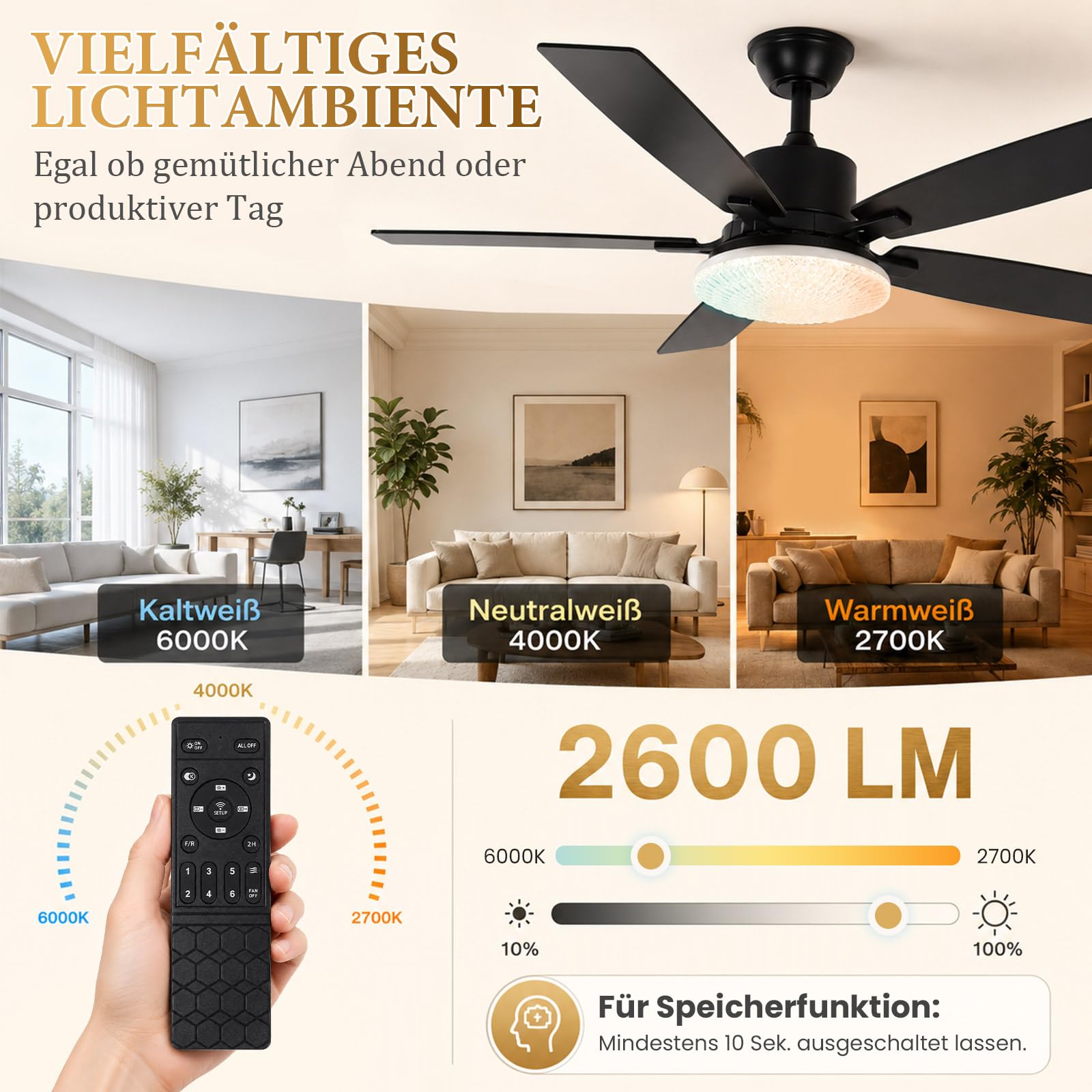Smart Deckenventilator mit Licht Leise φ132cm Doppelseitige Flügeln & App | Ventilator mit Fernbedienung, DC Motor, Timer, Dimmbar 3000K-6500K, 6 Stufen Reversibel für Schlafzimmer Wohnzimmer