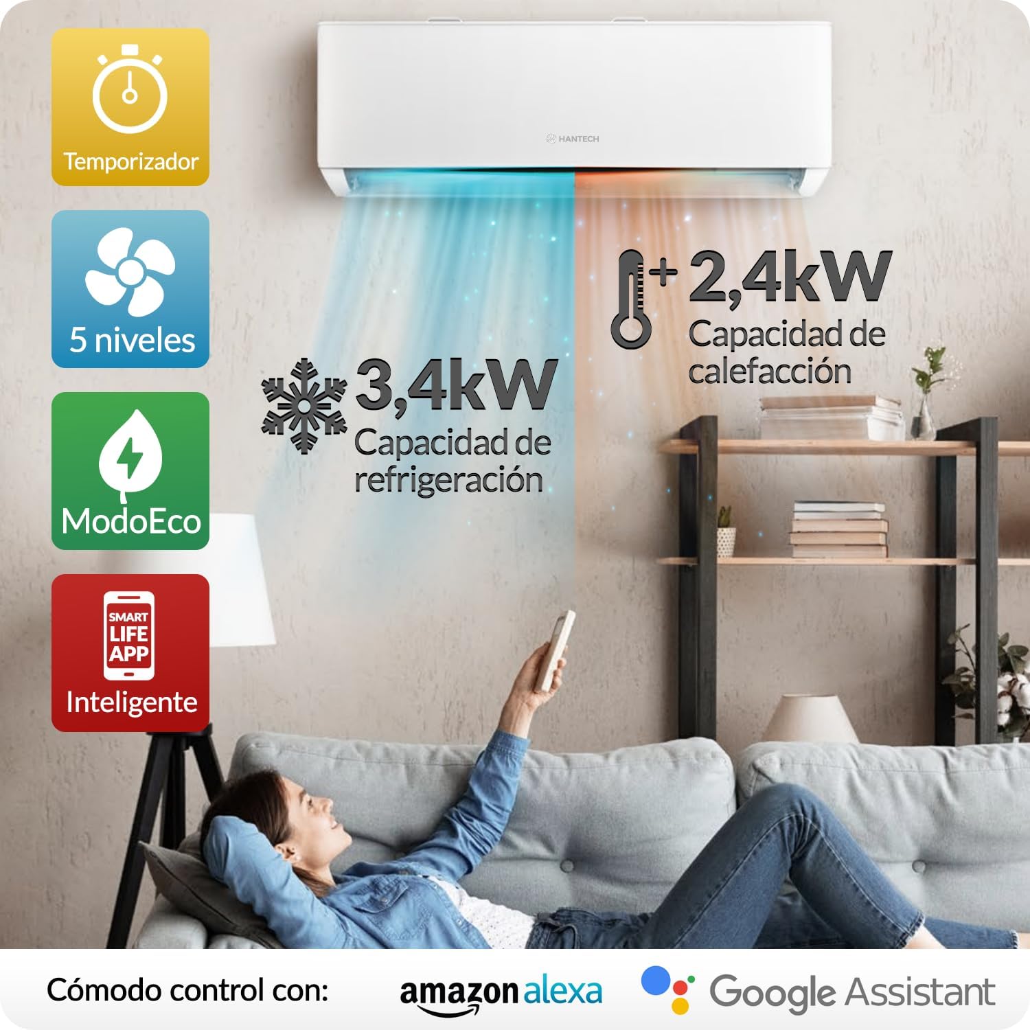 Eine Person entspannt sich auf einem Sofa, während die HANTECH H-PRO Klimaanlage in Betrieb ist und die Integration mit Amazon Alexa und Google Assistant demonstriert wird.