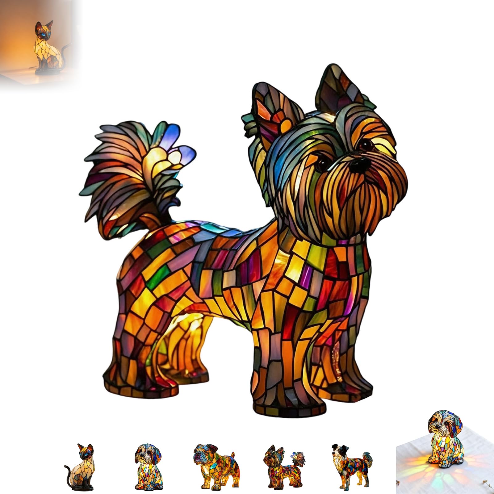 Resin Dog LED Night Light, 3D Puppy Cat Shape USB Powered Desk Lamp with Colorful Glass Effect, Handcrafted Decorative Bedside Lamp for Bedroom Home Decor, 5 Breed Styles (Yellow-Yorkshire Terrier)