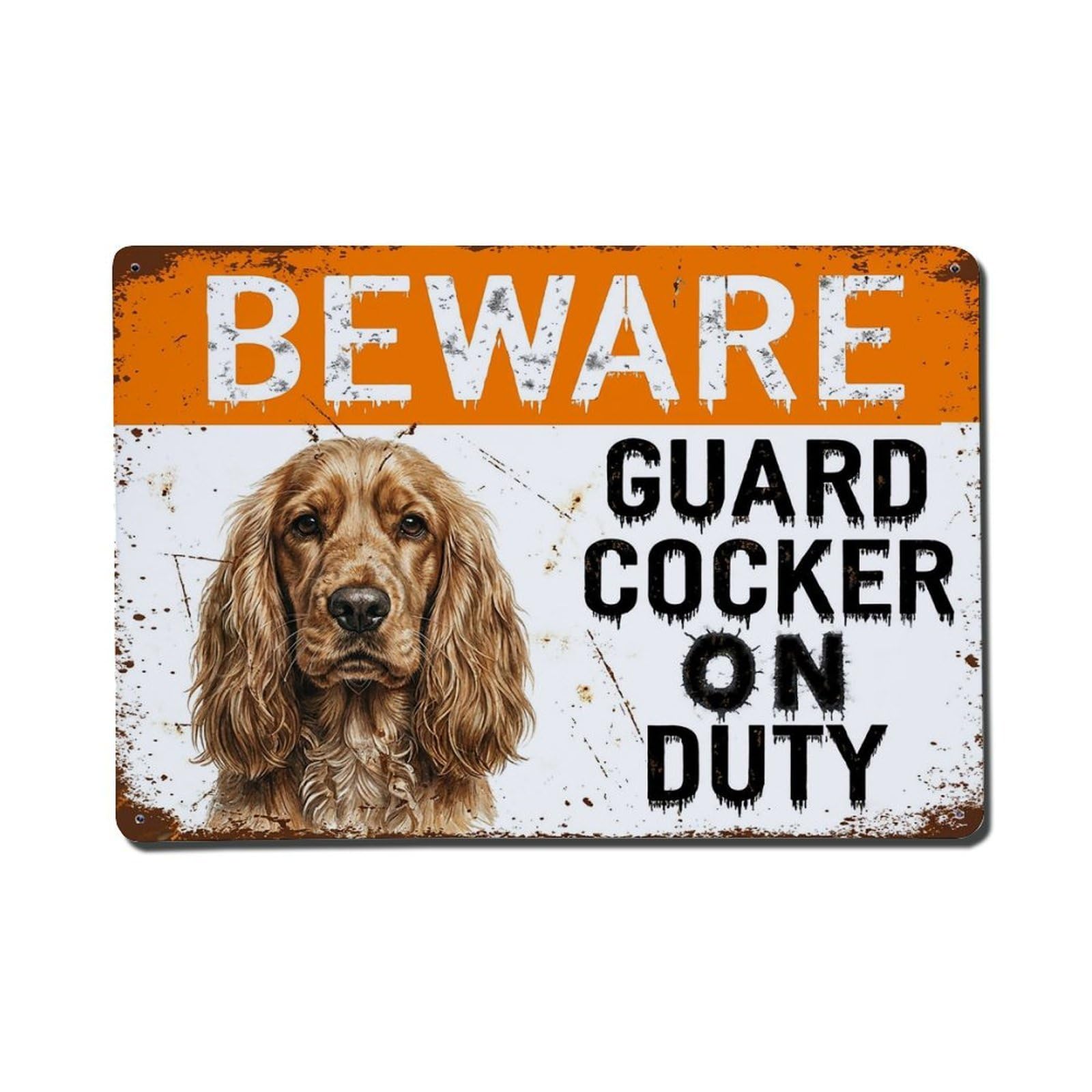 Vintage Funny Cocker Guard Beware of Dog Entrance Metal Tin Sign Plaque Wall Decor for Cafe, Club Bar, Office, Garden Metal Poster 8x12Inch