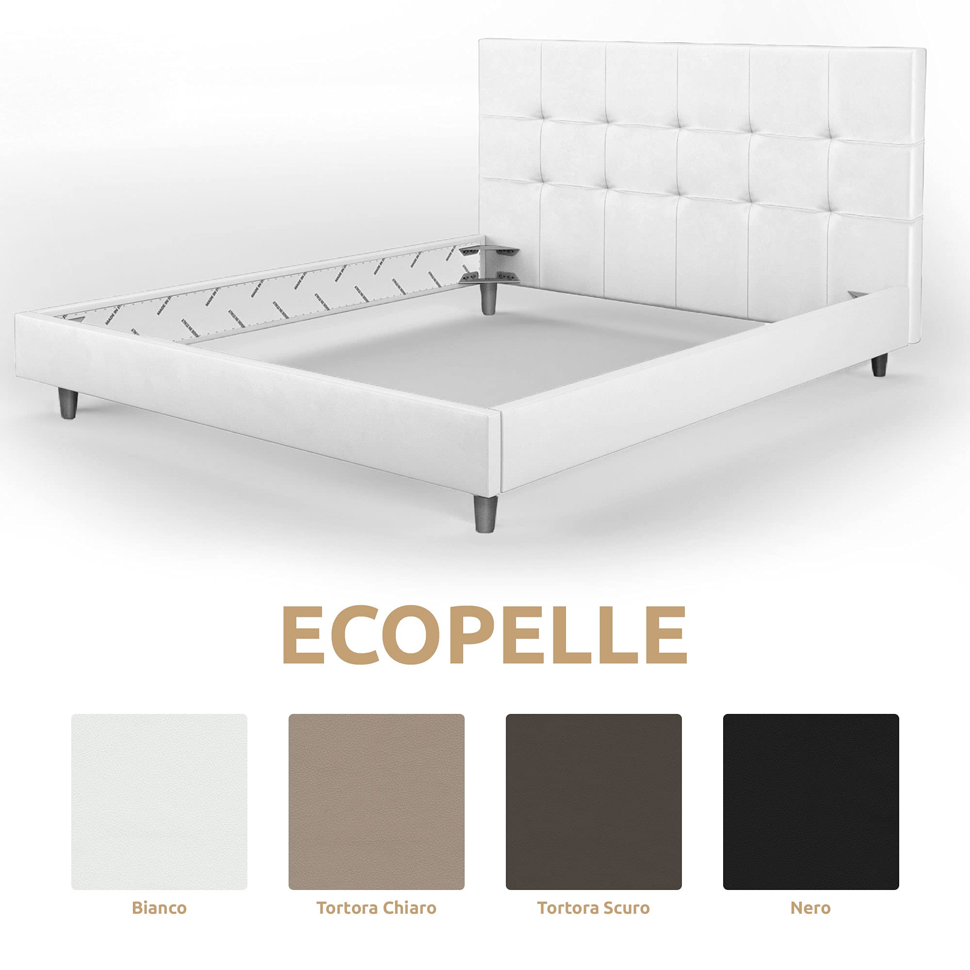 BiBi Relax Letto Matrimoniale Imbottito in Ecopelle | Testiera Imbottita, Telaio Ideale per Tutti i materassi 160 x 190 cm: Memory Foam, Poliuretano, Lattice o a Molle. 100% Made in Italy