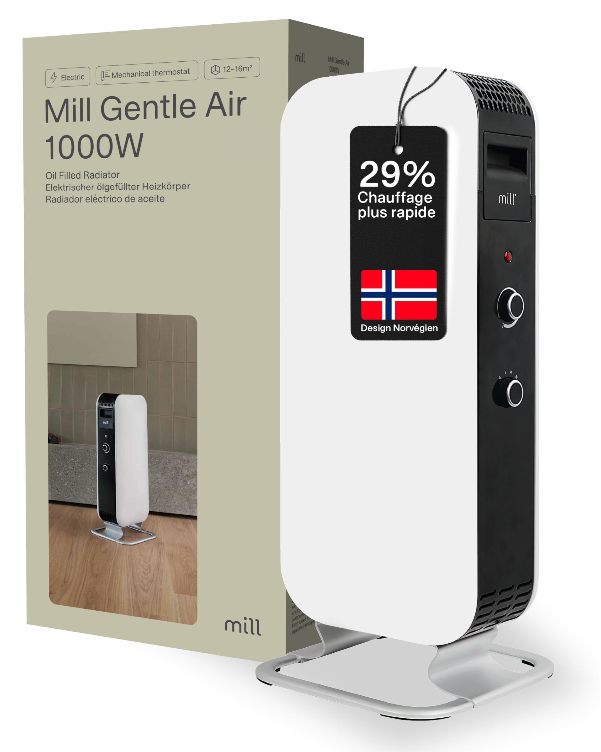 Mill Radiateur à huile bain radiateur de chauffage 1000 W AB-H1000DN Noir (Blanc, 12-16 m2 - MEC)