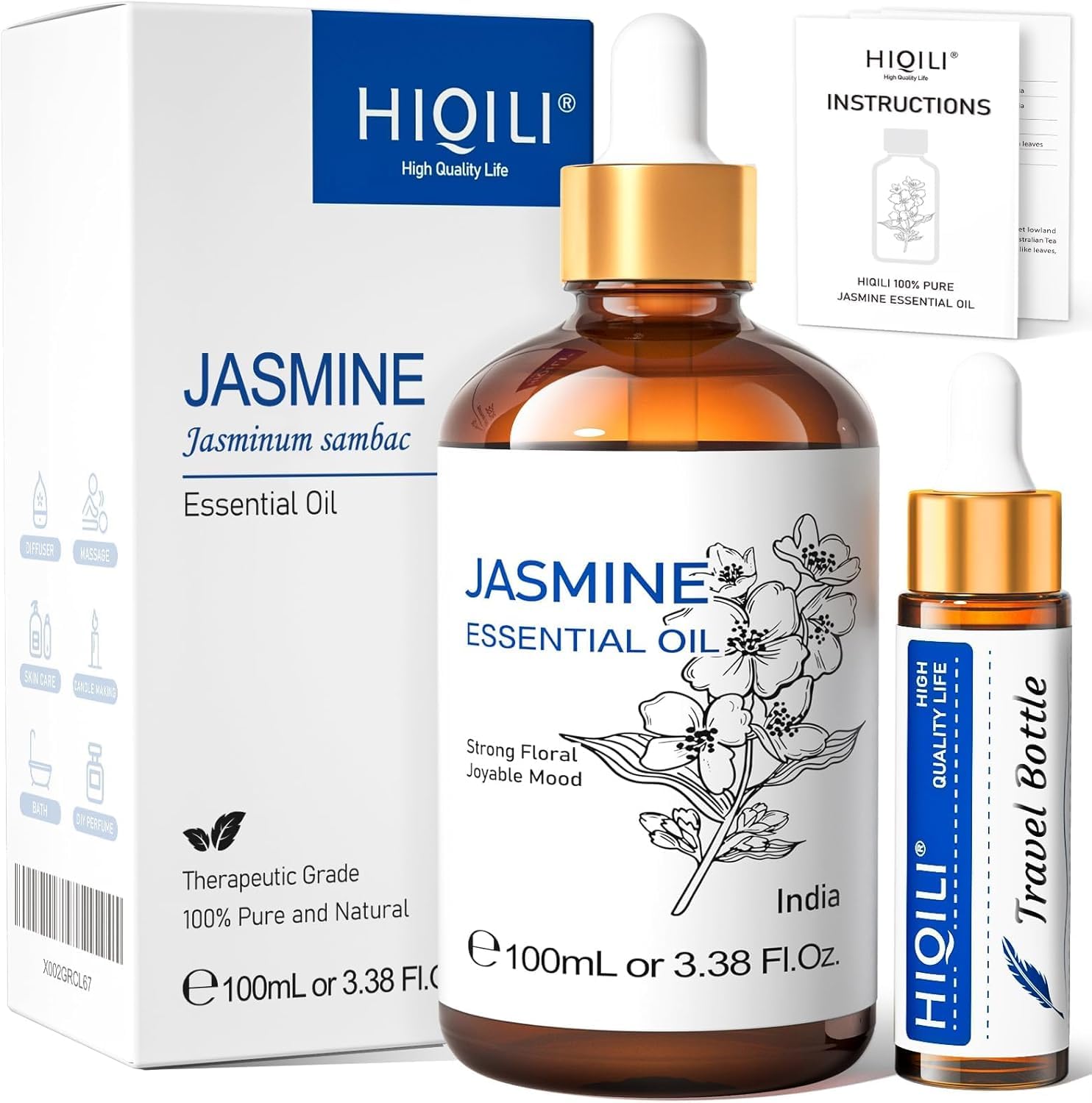 HIQILI Olio Essenziale di Gelsomino, Olio di Gelsomino Puro e Naturale per Diffusori, Profumi, Shampoo, Aromaterapia
