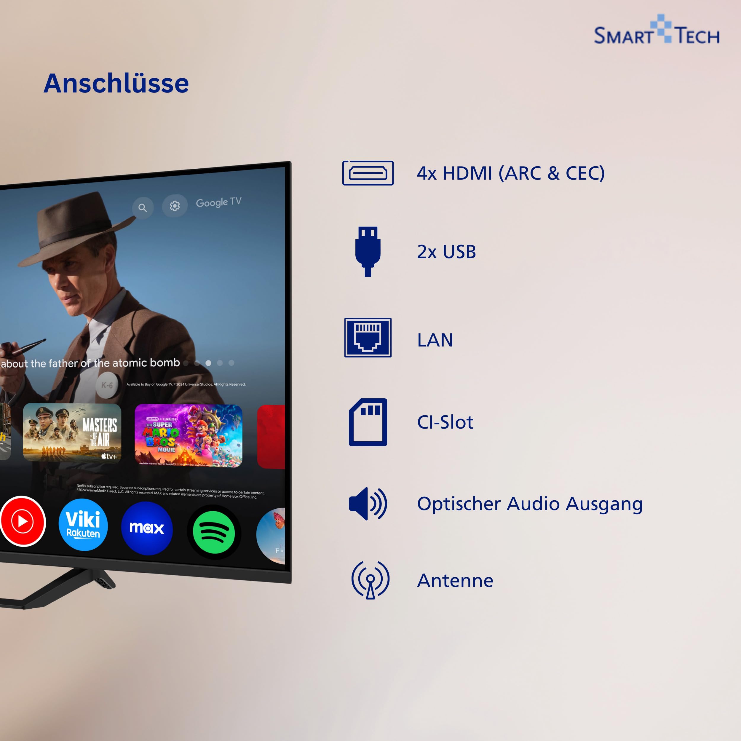 Smart Tech QLED 43QG06V2 Telewizor Google TV HDR z rozdzielczością 4K UHD, Bluetooth i potrójnym tunerem, Smart TV 43QG06V2 (2026)