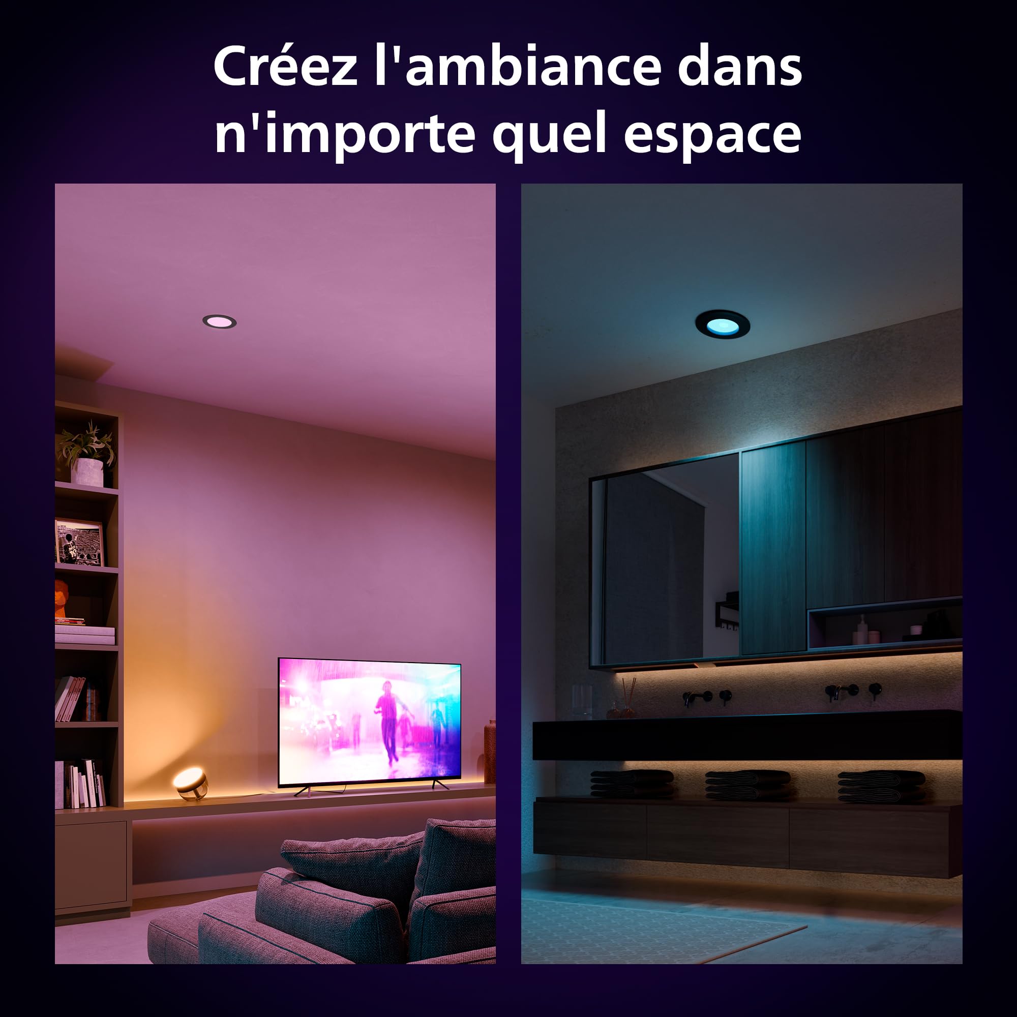 Philips Hue spot encastré connecté, 170mm, blanc et couleur, compatible Bluetooth, contrôle vocal avec Alexa, Apple Home et Google Assistant, noir