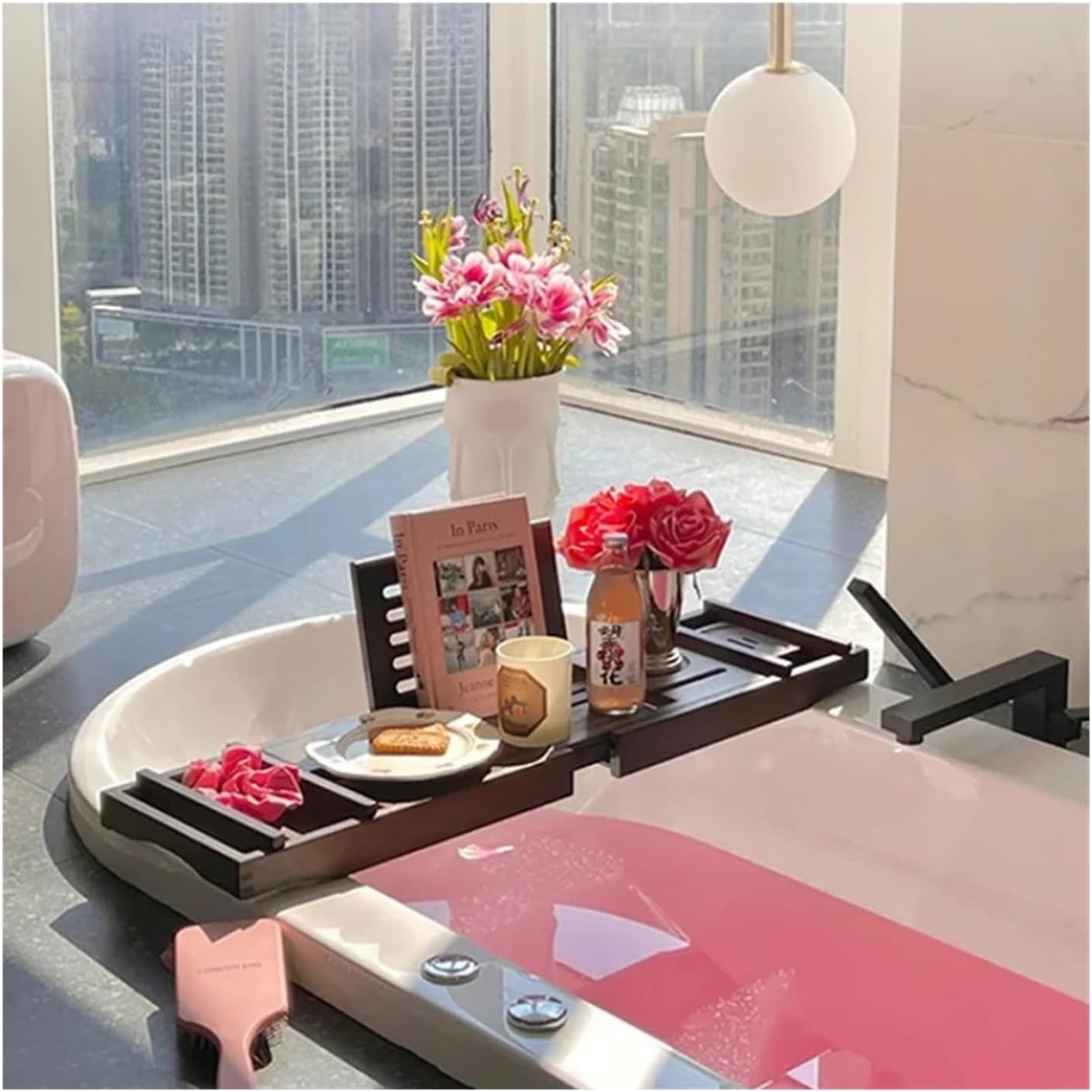 Nordic Extendable Bamboo Bathtub Tray Premium Bath Caddy Organizer with Adjustable Shelf Stylish Spa Storage Board for Hotel(Primary Color)