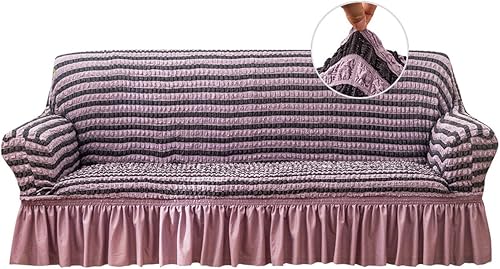 Miniatura 1 de Funda elástica para sofá, funda protectora de muebles lavable, con parte inferior elástica y falda para niños y mascotas (morado a rayas,