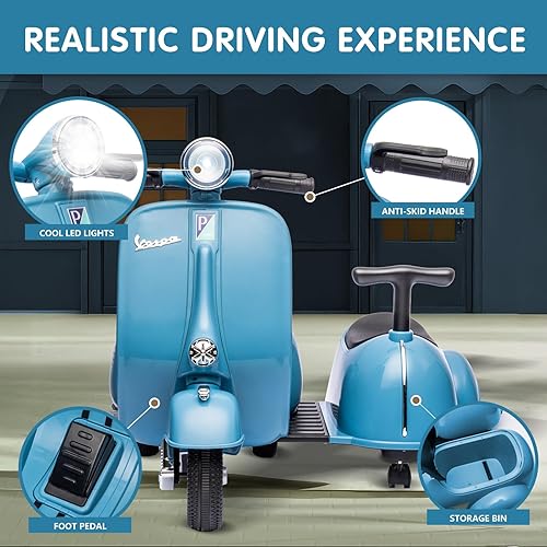 Miniatura 5 de DIKEP Motocicleta eléctrica de 6 V para niños con sidecar, con licencia Vespa Retro para niños y niñas, 2 plazas, 4 ruedas, vehículo de juguete,