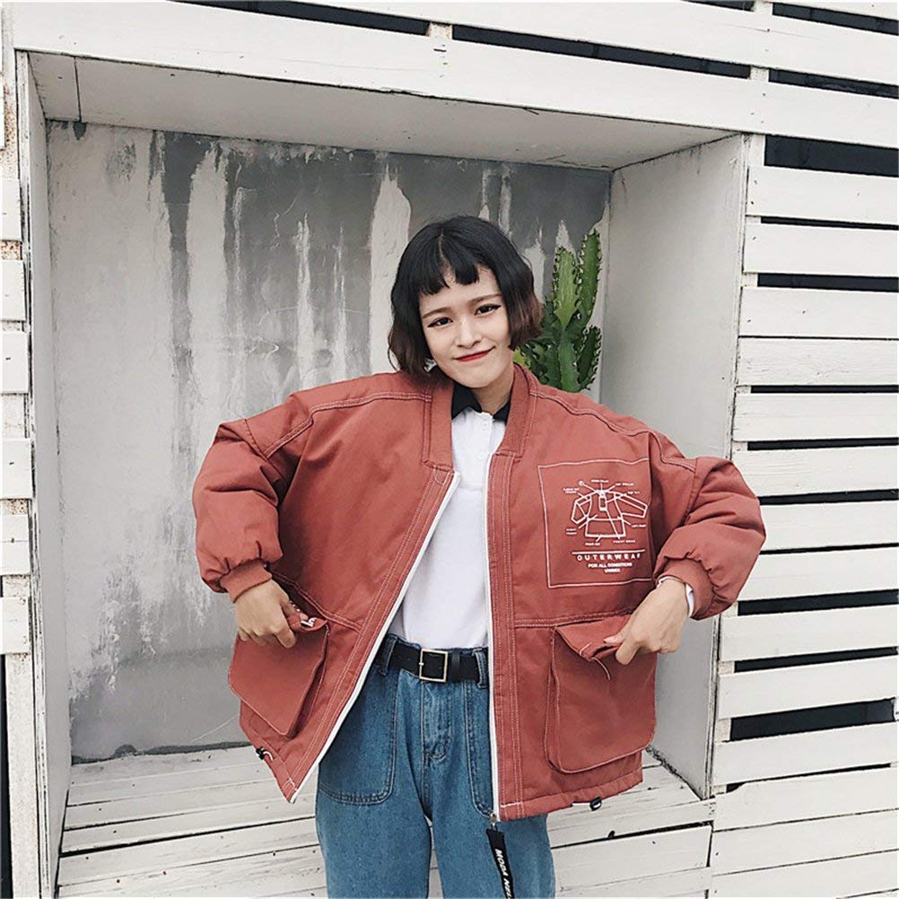 Kurtka damska jesień zima elegancki luźny płaszcz na zewnątrz z długim rękawem zamek błyskawiczny retro na co dzień moda vintage chłopak styl kurtka płaszcz odzież wierzchnia, Czerwony, L