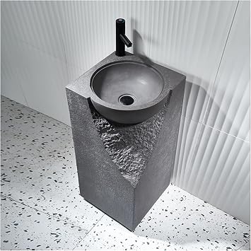 Small Pedestal Sink for Bathroom 34.4 Inch Tall Japandi Pedestal Bathroom Sink with Rounded Basin Stone Resin Freestanding Pedestal Lavatory Sink for Outdoor Indoor,Earl Grey