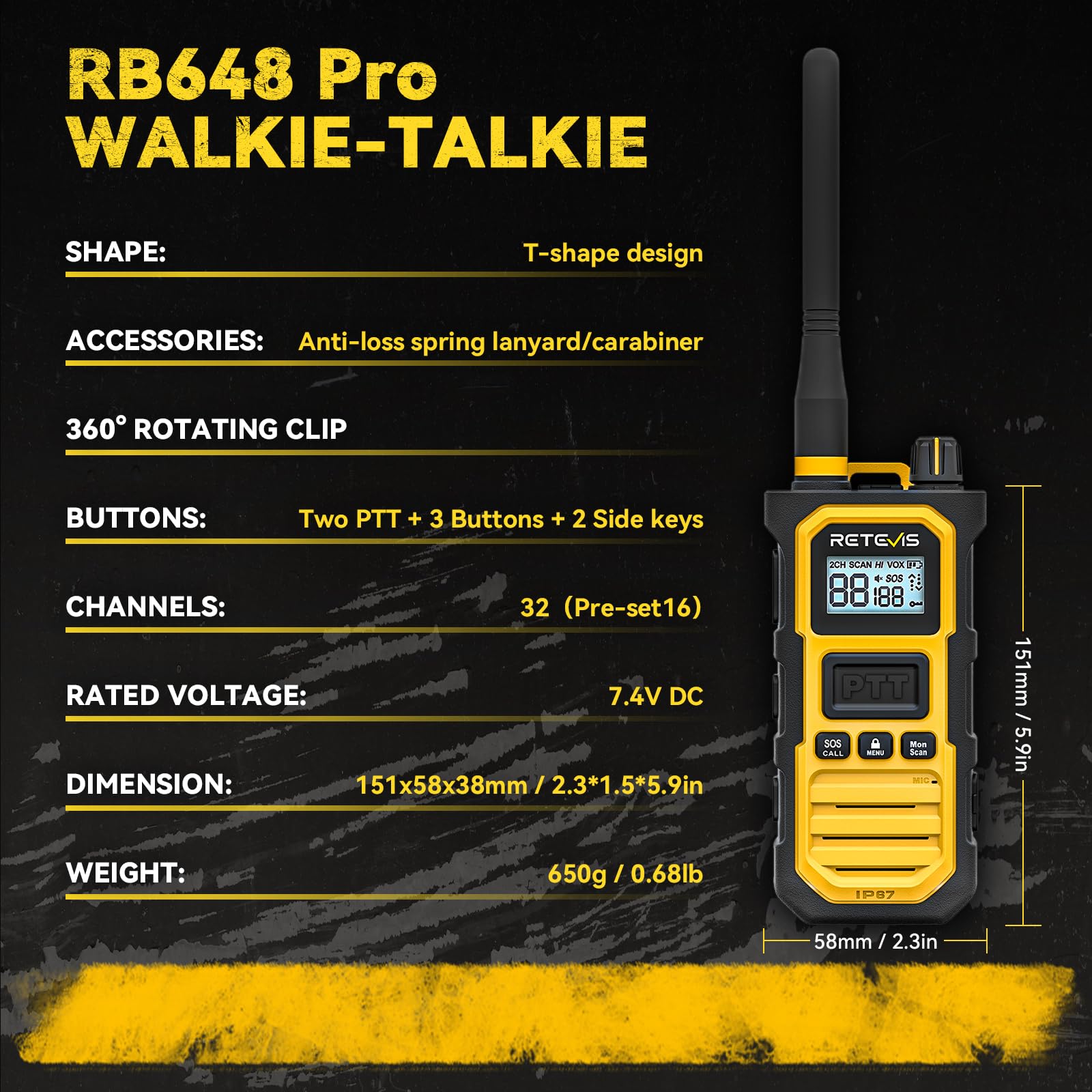Retevis RB648 Pro Robustes Walkie Talkies, IP67 Wasserdicht, Hohe Leistung 2800 mAh, Gruppenruf, VOX, Intelligentes Audio, Handfunkgeräte mit großer reichweite für Baustellen (4 Stück, Gelb)
