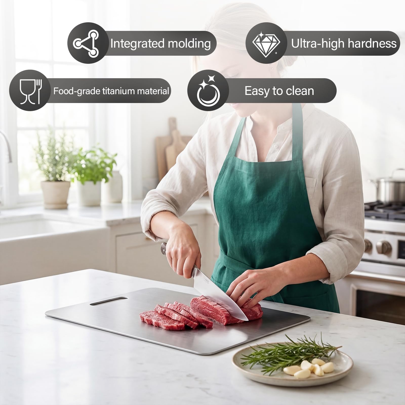 4 Pezzi Tagliere Acciaio Inox, Taglieri a Doppia Faccia, SSet da Cucina | SUS 304, Antibatterico e Resistente, Multifunzione Tagliere Cucina, per Carne, Pane, Verdura e Frutta
