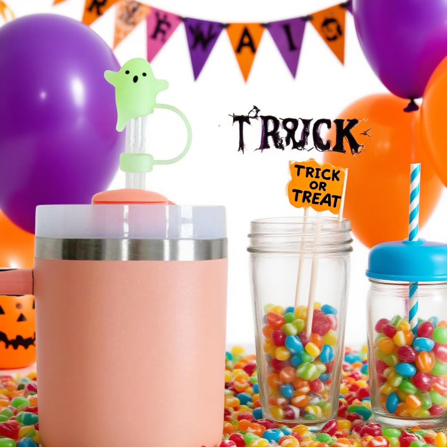 6Pcs Luminous Halloween Straw Cover for Stanley Cup, 10mm Silicone Ghost Straw Topper Compatible with 30 and 40 Oz Tumbler for Holiday - Image 3