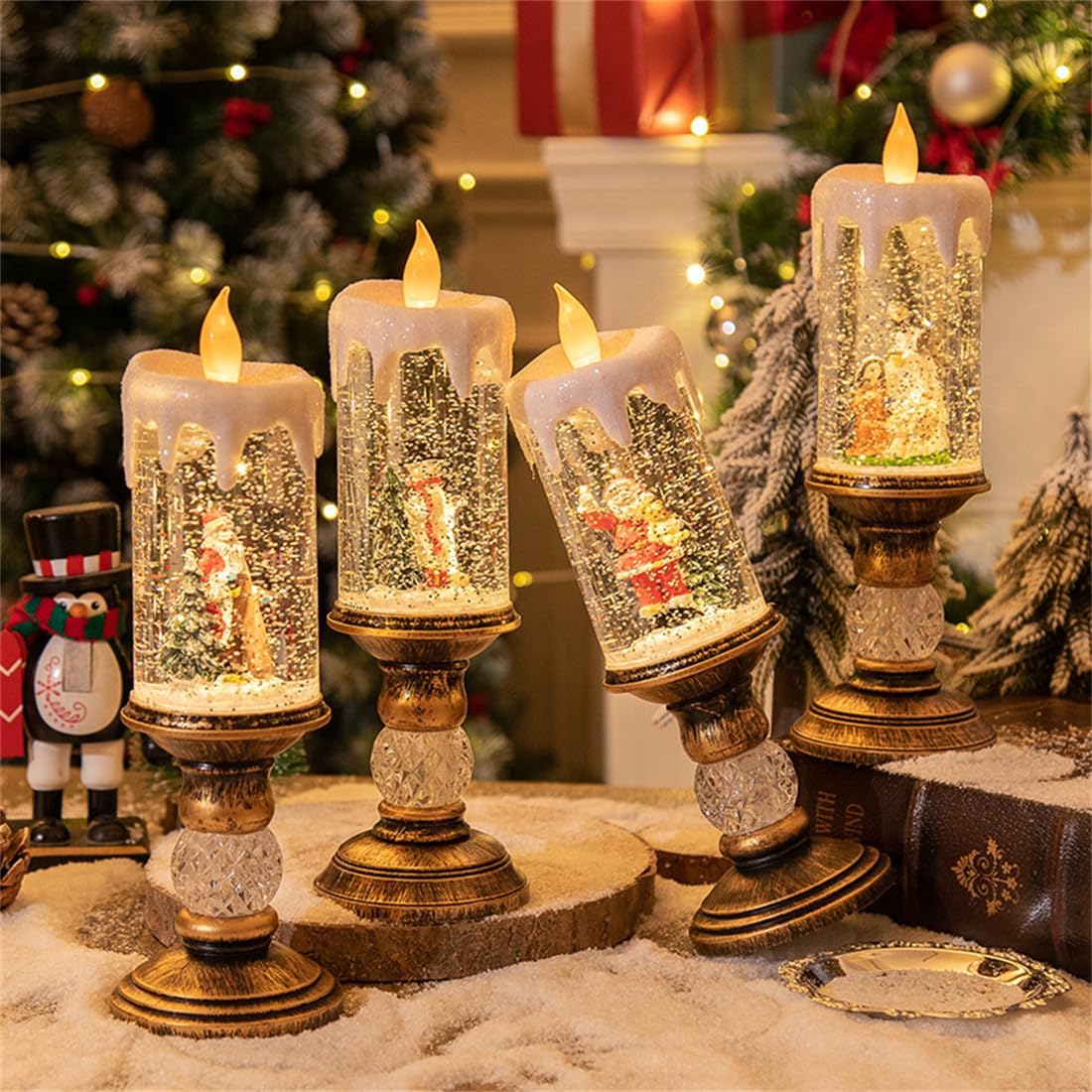 YESU Christmas Candle Lantern, Battery Operated Glittering Snow Santa Claus Lantern for Home Decor and Gift Decoration