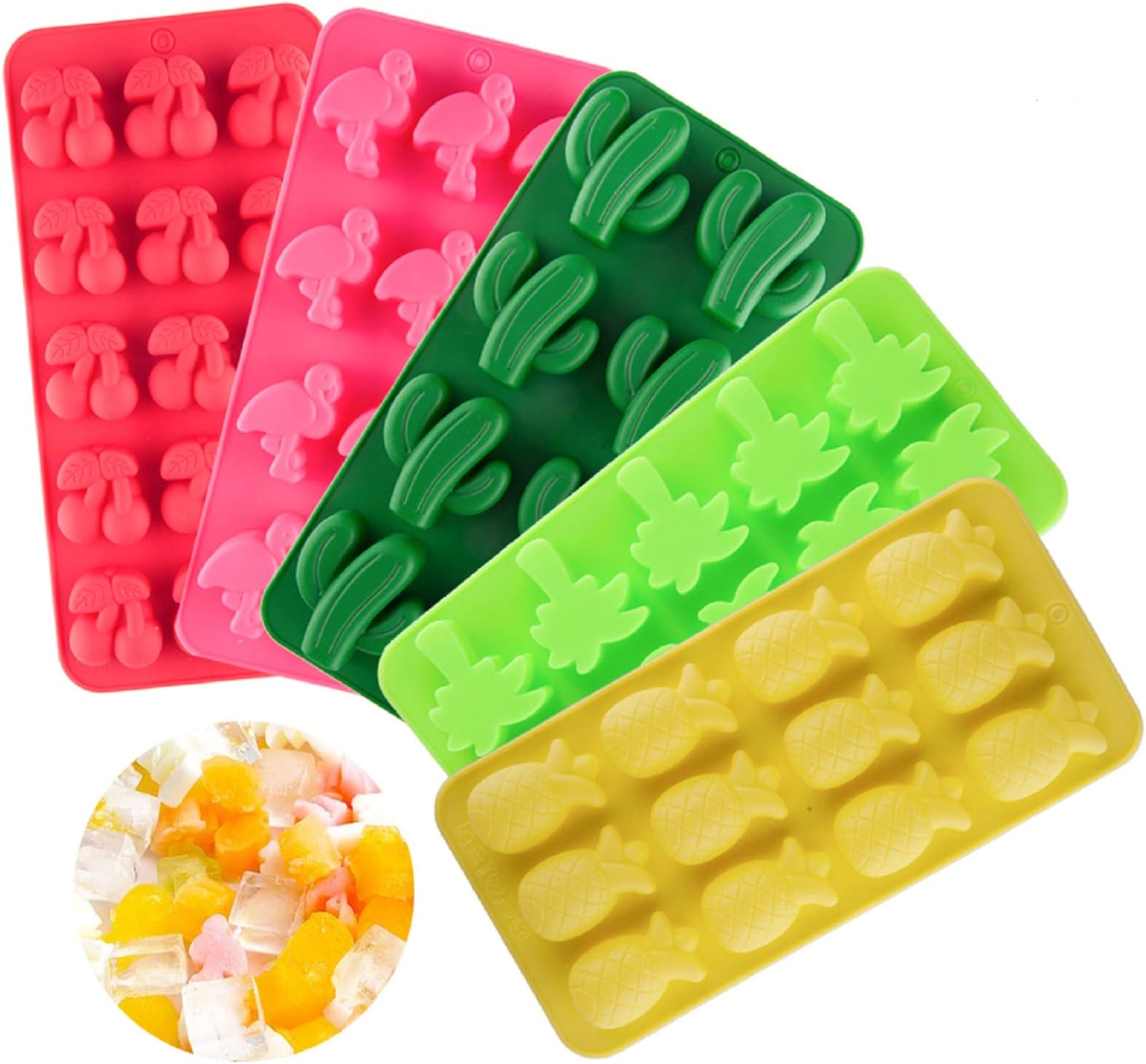 5Pack Wax Molds Silicone Candy Making Molds Chocolate Cake Pop Molds Ice-tray Including Cactus Flamingo Cherry Coconut Tree and Pineapple