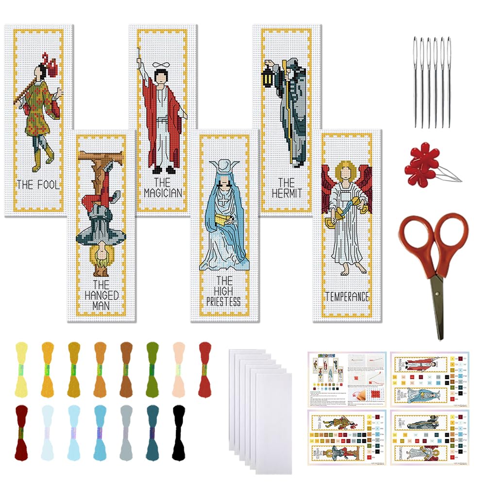 FREEBLOSS 6 Set Cross Stitch Bookmark Kits Tarot Themed Stamped Cross Stitch Kit Embroidery Bookmarks Cross Stitch Bookmarks Embroidery Kit for Adults Beginners with Clear Instructions