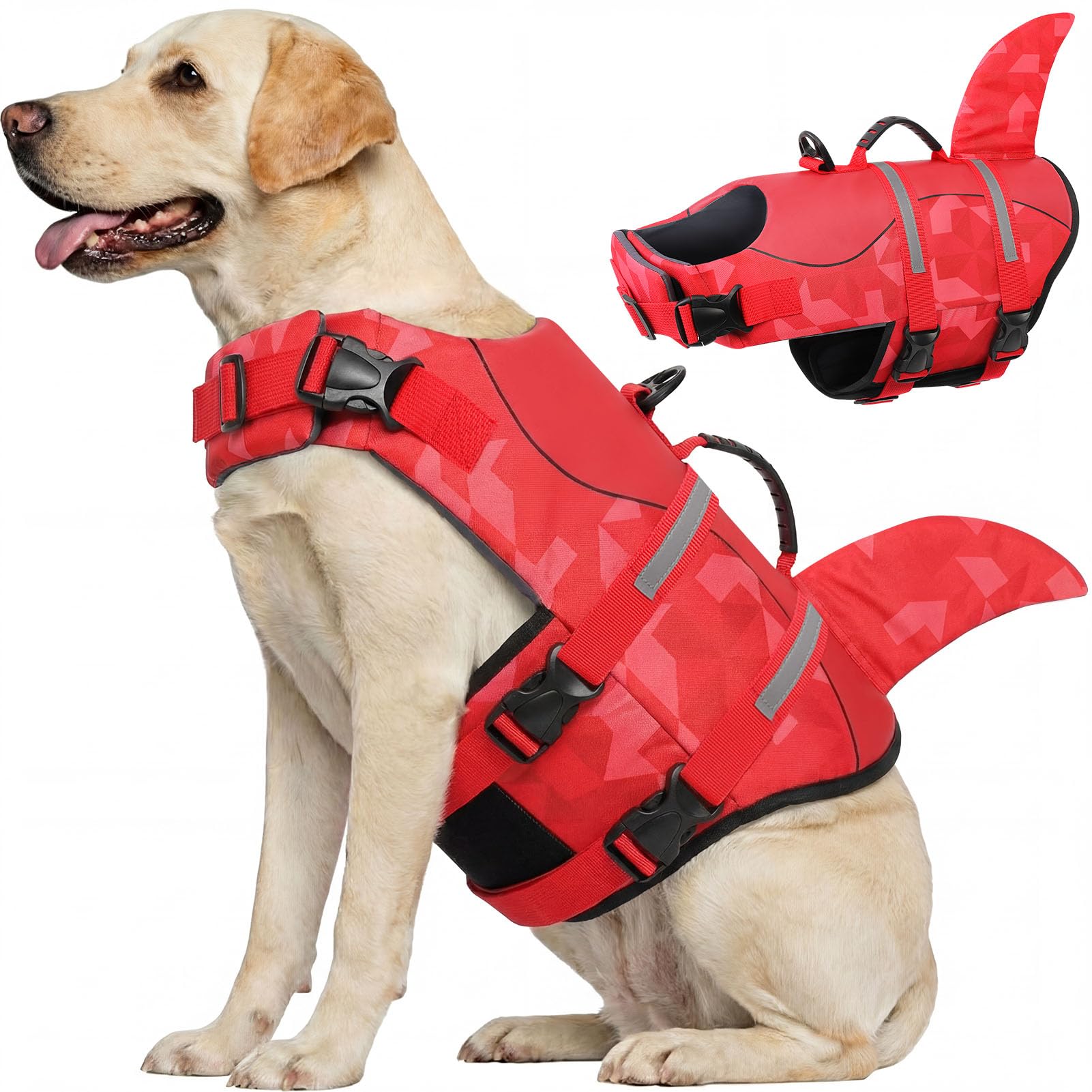 CITÉTOILE Schwimmweste Hunde Hai, Leicht und Sicher für Wassersport, hundeschwimmweste mit Griff und Reflektierend für Kleine Mittlere und Große Hund, Dreiecksmuster, Rot, XL
