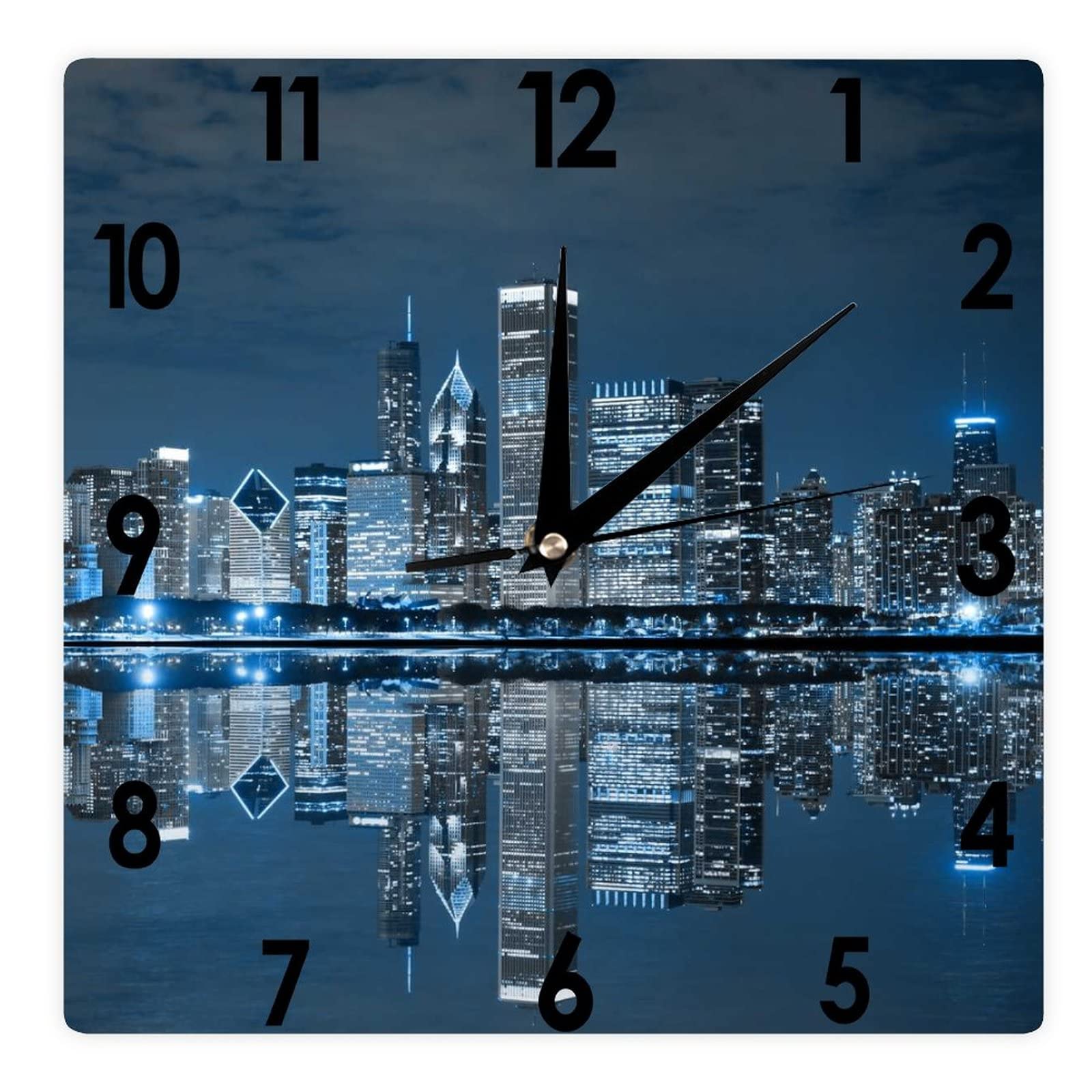 Higoss Square Wall Clock Chicago City Skyline Silent Non-Ticking Clock 12 Inch, Battery Operated Accurate Landscape/Cityscape Farmhouse/Home/Office Decor