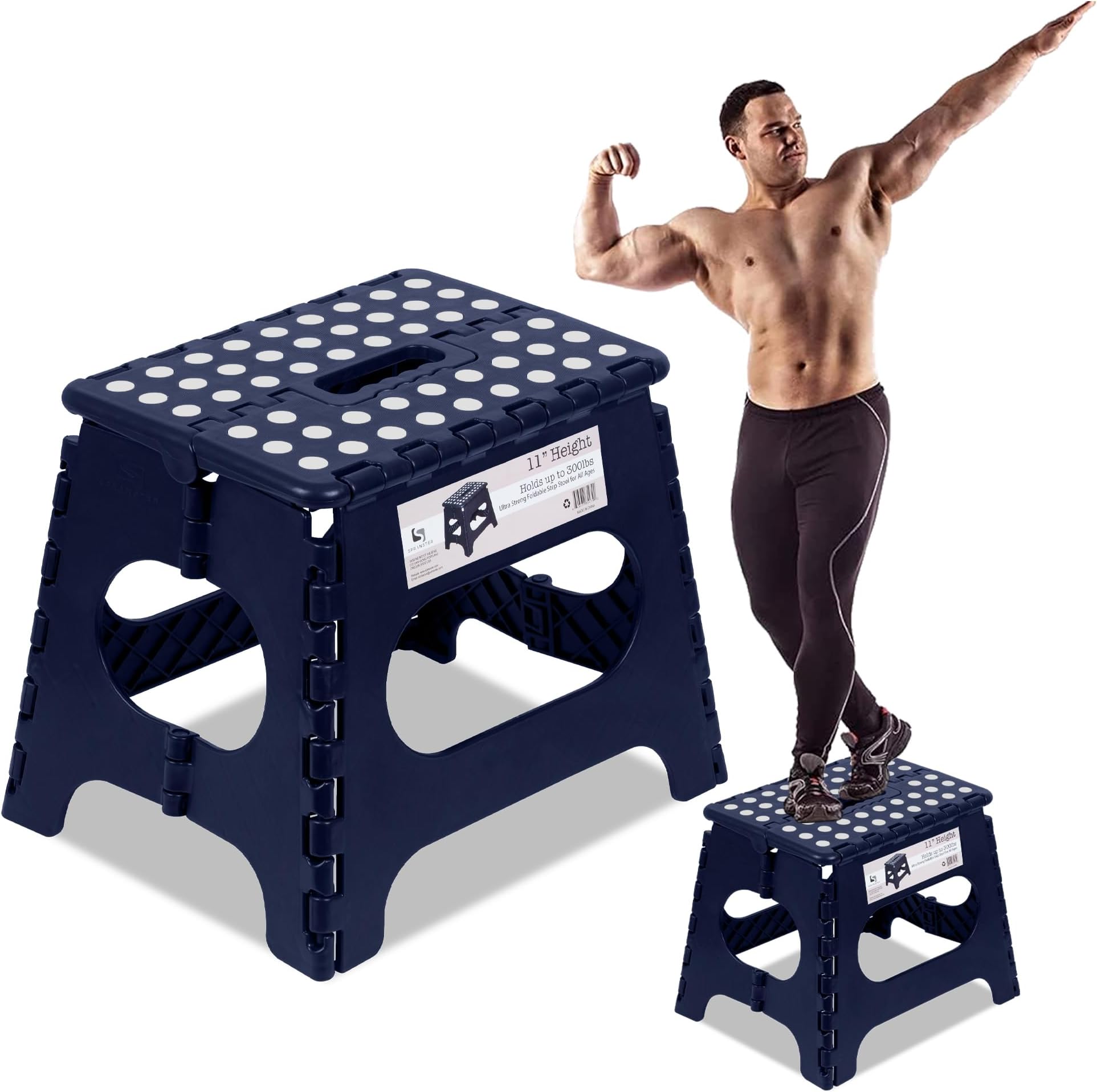 Spranster Super Strong Folding Step Stool -11"- Sturdy Enough to Hold 300 Lb - Lightweight Foldable Step Stool for Adults and Kids - Opens with one Flip - Great for Kitchen, Bathroom and Bedroom- Blue