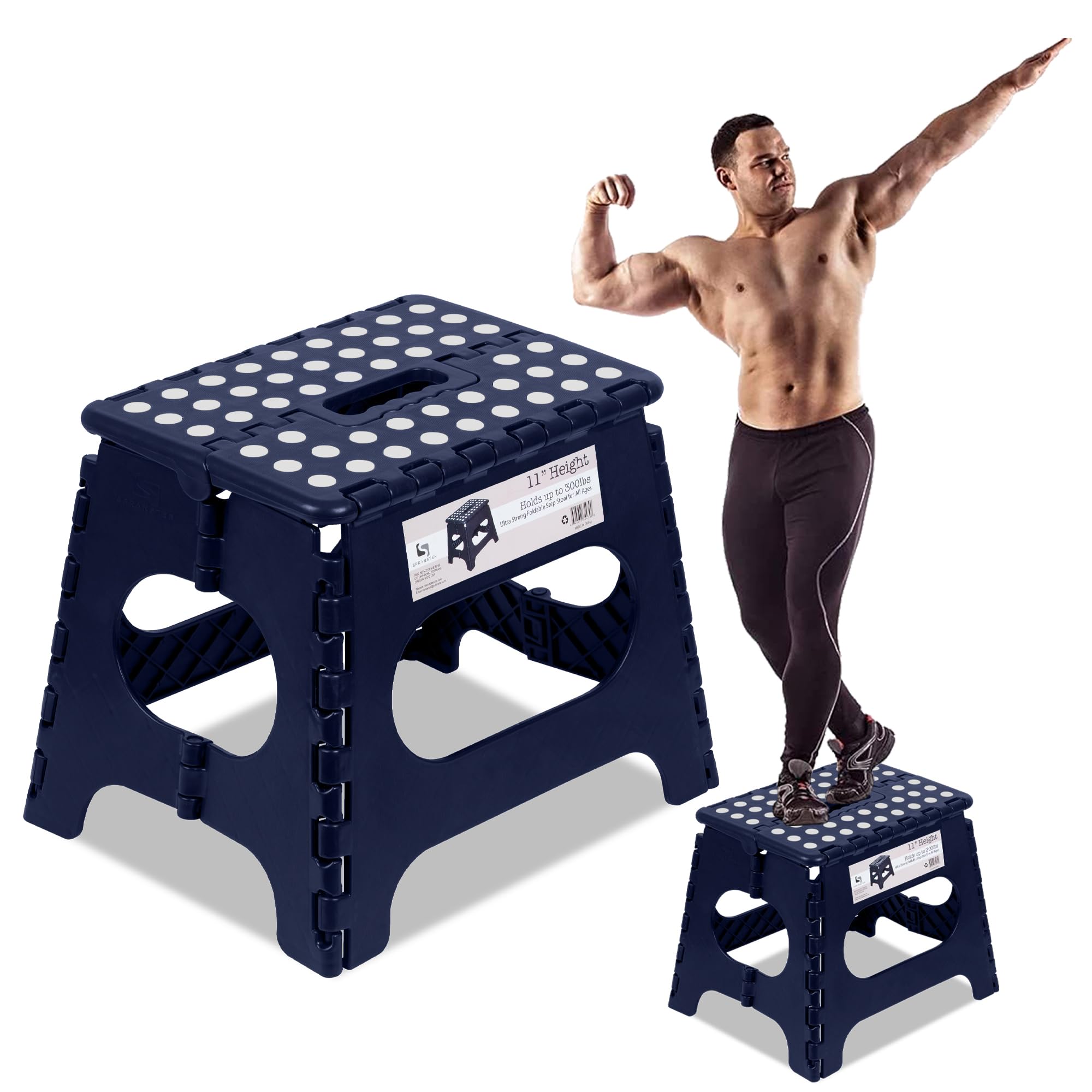 Spranster Super Strong Folding Step Stool -11"- Sturdy Enough to Hold 300 Lb - Lightweight Foldable Step Stool for Adults and Kids - Opens with one Flip - Great for Kitchen, Bathroom and Bedroom- Blue