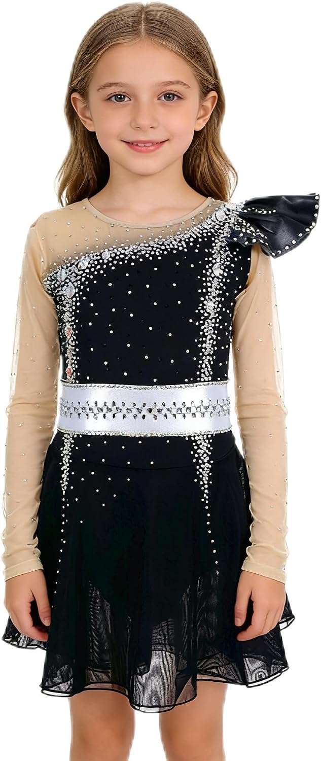 Girls' Black Figure Skating Dress with Silver Rhinestones & White Waist Band, Ruffle Sleeve Competition Costume