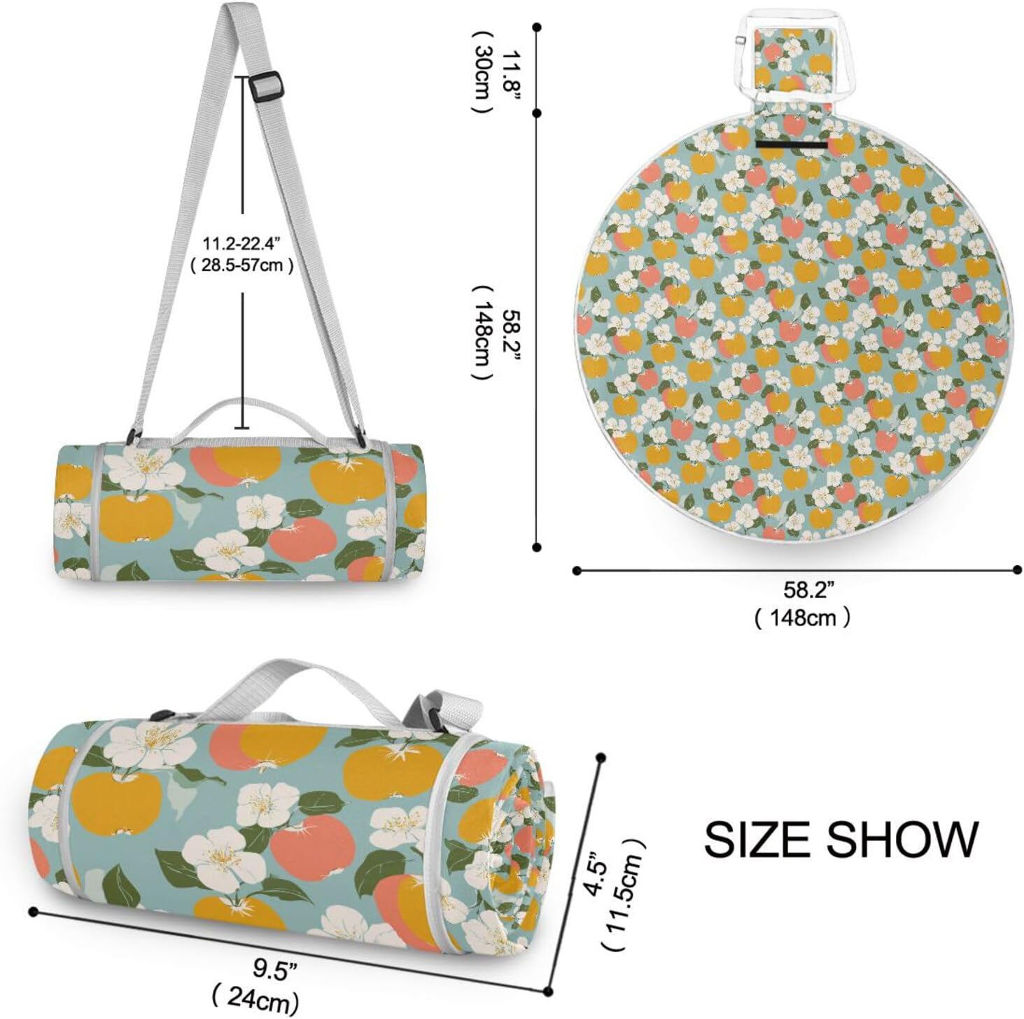 Round Outdoor Mat - Fits 2 Adults, Summer Accessories Cute Foldable Mat Dual Layer, Sand-Free, Soft Throw Rug 58 in (Naughty Paradise Fruit Light Green)