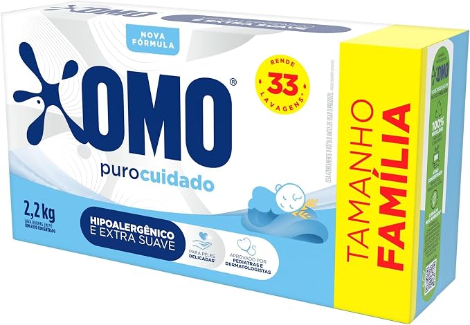 Imagem em perspectiva da caixa de sabão em pó Omo Puro Cuidado de 2,2kg.