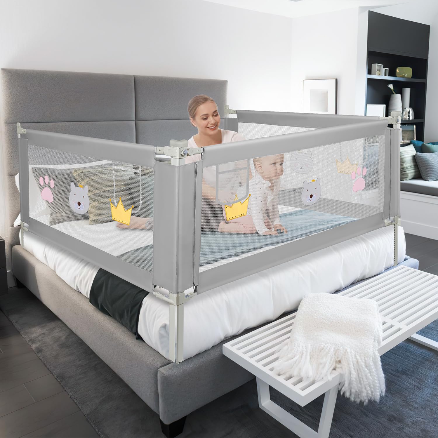 Barrera de cama para bebé, 200 × 70 cm, altura ajustable, barrera protectora para cuna de 70 – 98 cm, resistente con cierre de seguridad, malla transpirable, gris