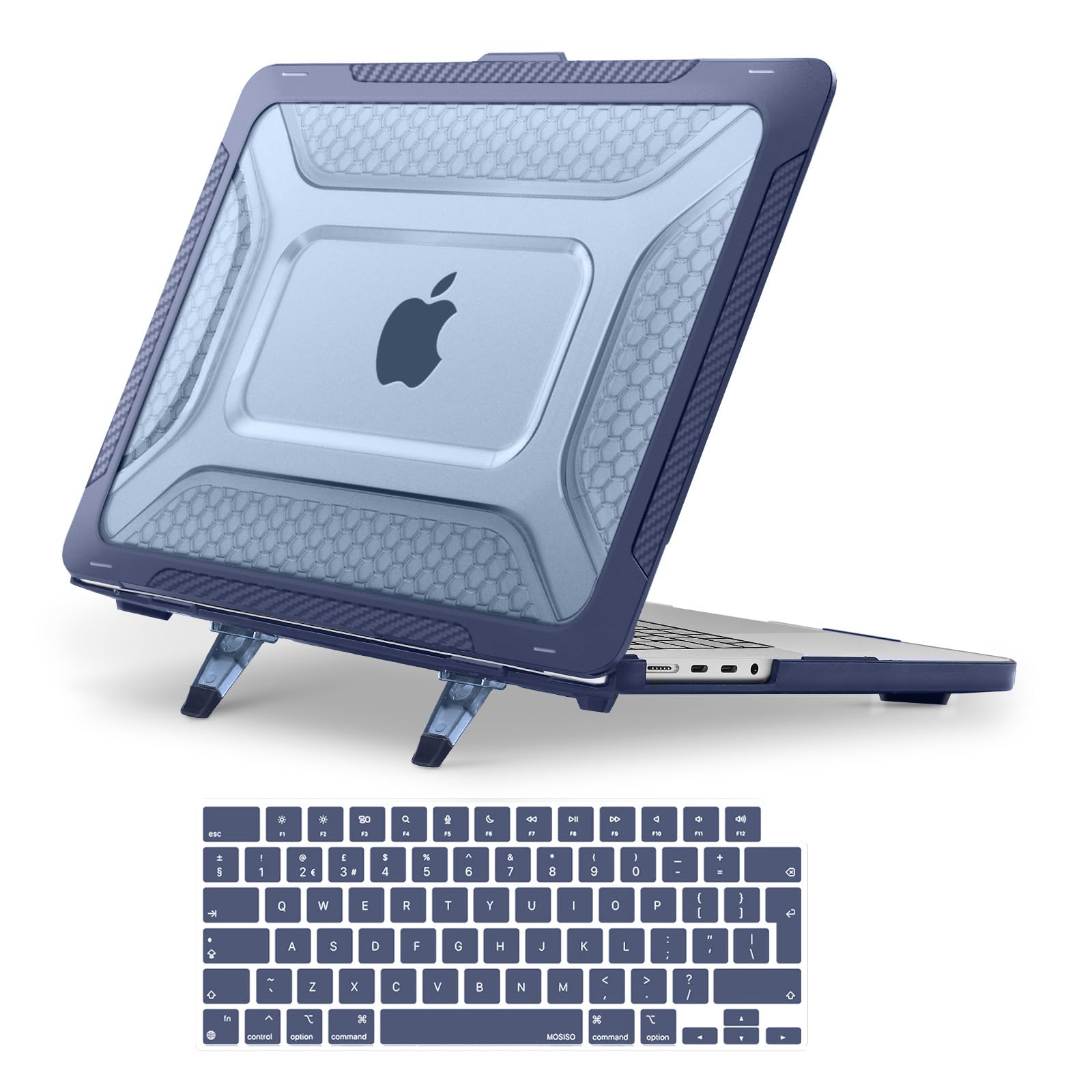 MOSISO Funda Compatible con MacBook Pro 16 Pulgadas M5 M4 M3 M2 M1 A3428 | A3429 A3403 A3186 2026-2021, Honeycomb Shockproof TPU Bumper Heavy Duty Carcasa con Soporte Plegable&Teclado,Azul Marino