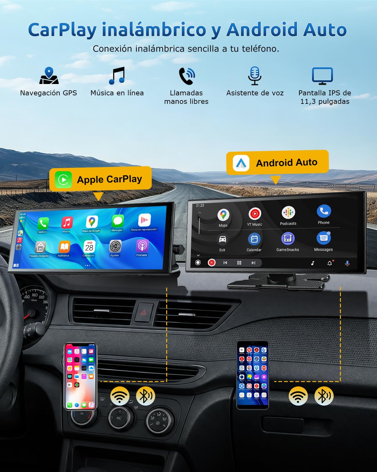 ESSGOO Pantalla Coche 11 Pulgadas con Carplay y Android Auto Inalámbrico con 4K Cámara Frontal Giratoria de 360°,Trasera 1080P,IPS Táctil,Bluetooth 5.3,Mirror Link,Control por Voz
