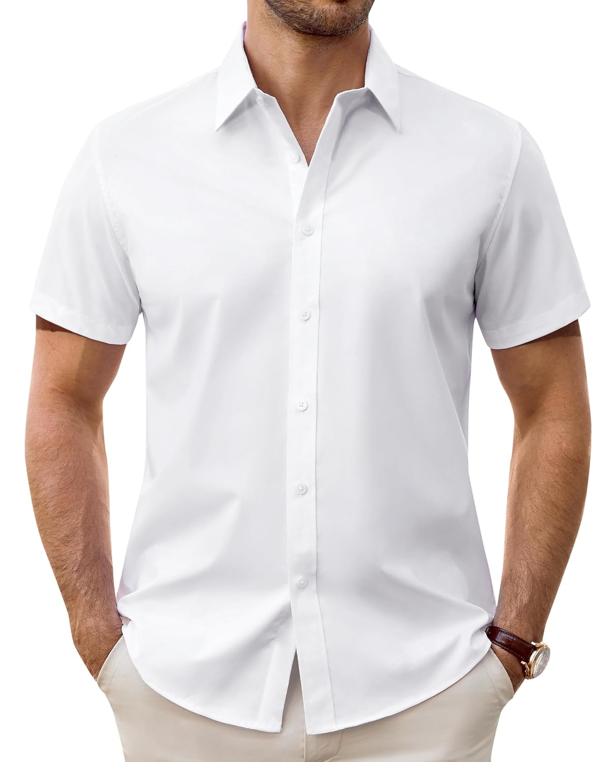Mens Short Sleeve Dress Shirts Stain Shield Formal Button Down Shirt Business Casual Stretch Tops Dating Wedding