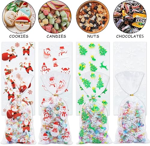 Miniatura 6 de Boerni 100 bolsas de celofán de Navidad, bolsas de plástico para violonchelo de Navidad con lazos giratorios para dulces, galletas, golosinas,