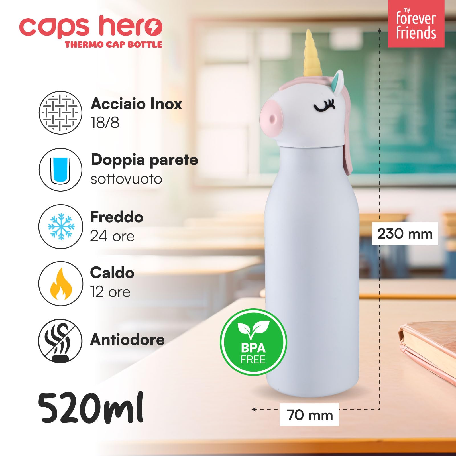 Borraccia Termica per Bambini Acciaio Inox Senza BPA 520ml - CapsHero Unicorno Unicorn Una - Riutilizzabile Antiodore con Doppia Parete 230x70mm - Caldo 12h Freddo 24h - Collezione My Forever Friends