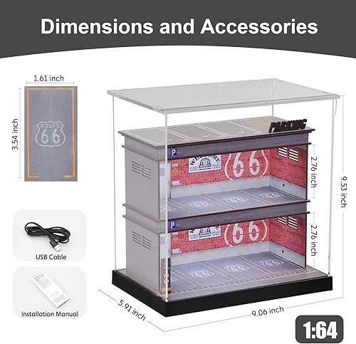 Miniatura 2 de Vitrina a escala 1/64 Diecast Parking Garage Moldel 3 neumáticos con luz LED 12 plazas de aparcamiento modelo Car Show Case con cubierta acrílica